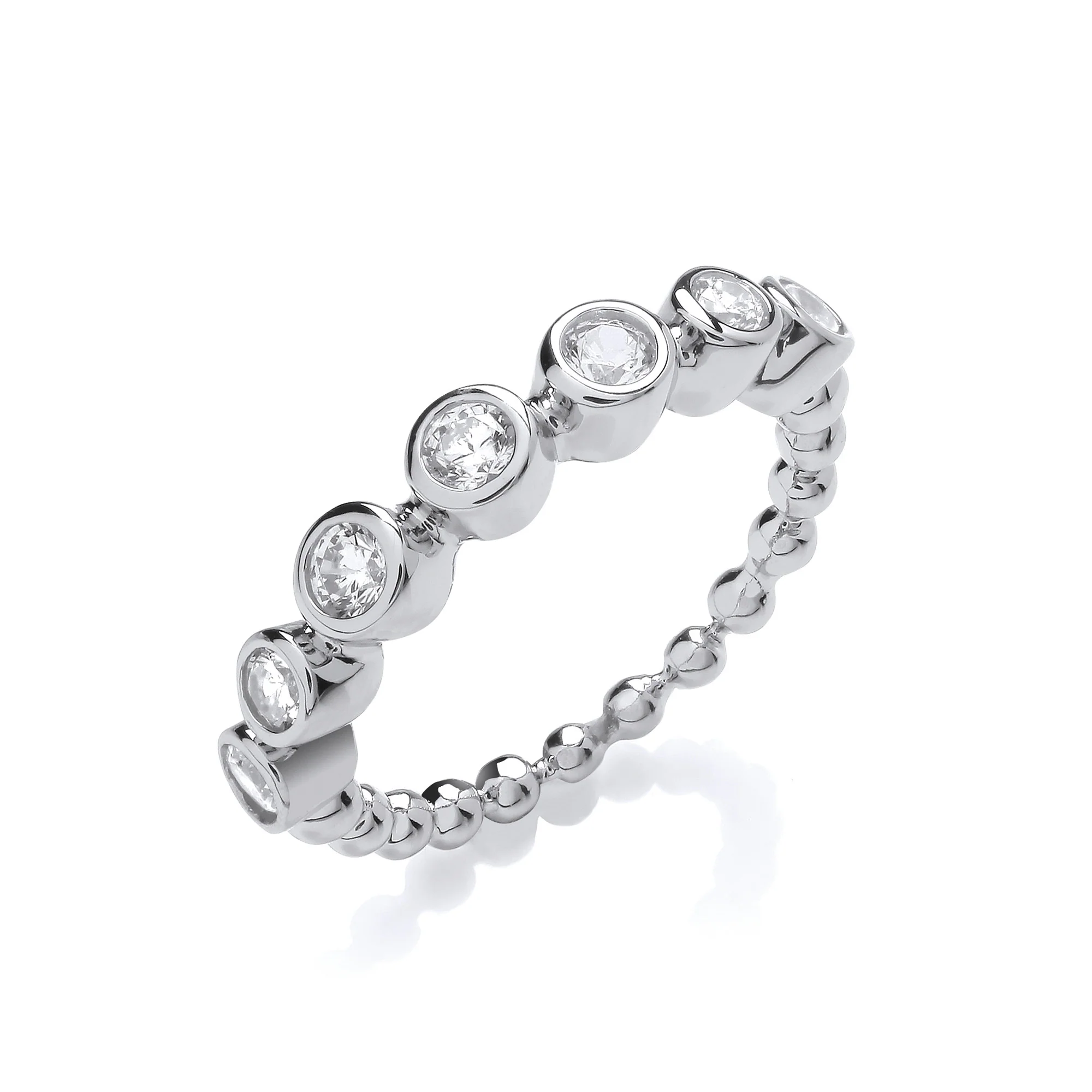 Seven Cubic Zirconias Beaded Silver Ring - Silver