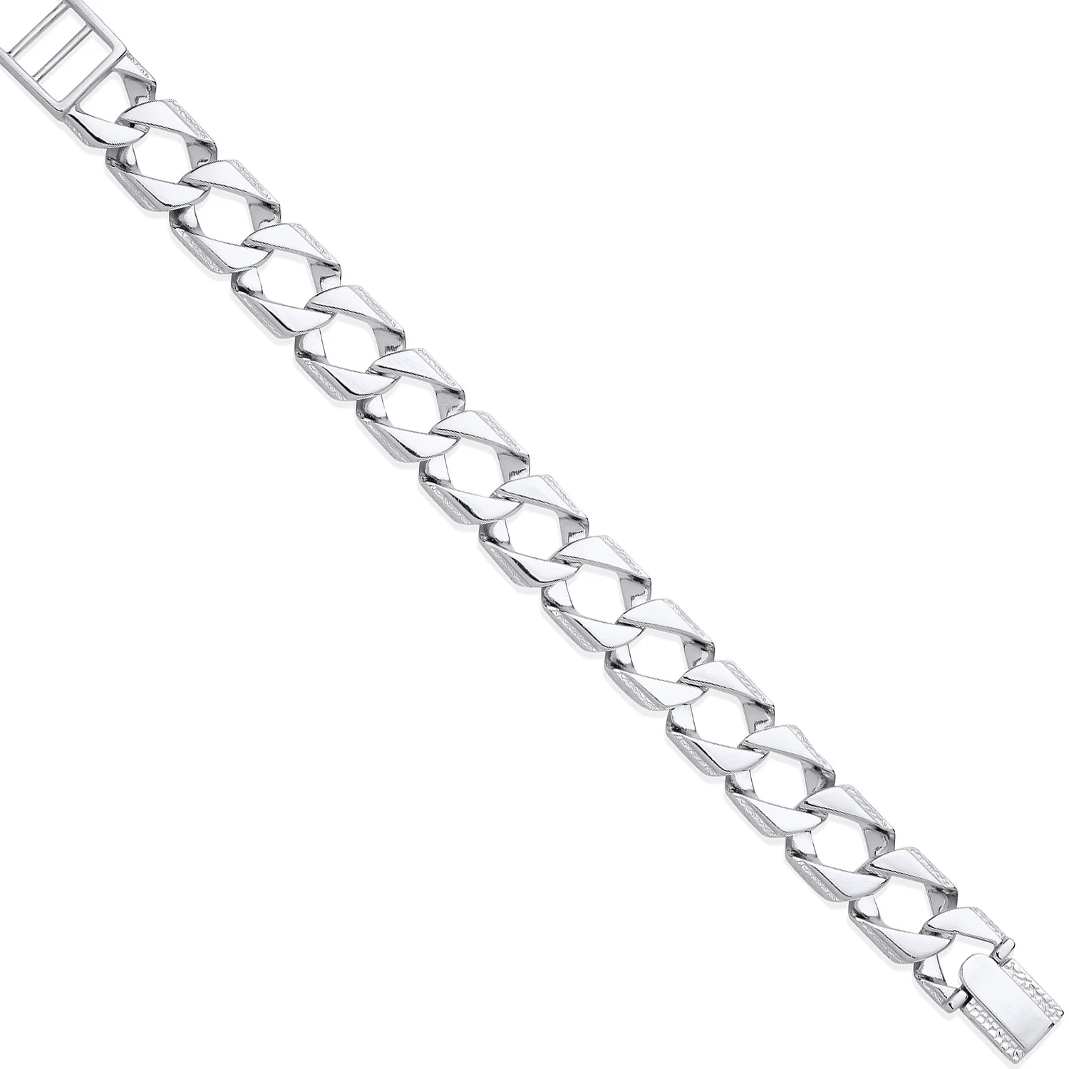 Silver 15mm Large Square Curb Ribbed Edge Link Gents Bracelet - Silver - Image 2