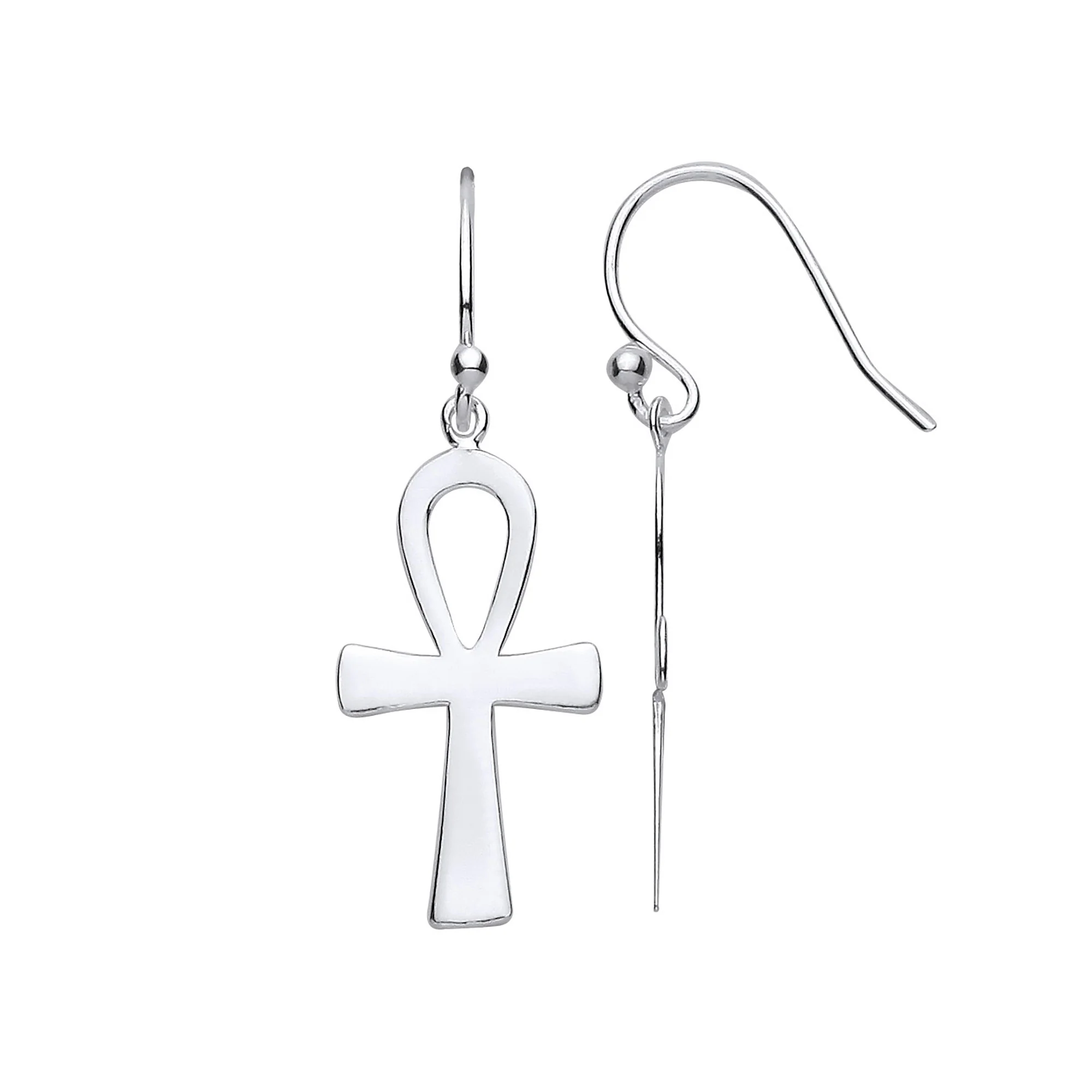 Silver Ankh Cross Drop Earrings with Hook - Silver - Image 2