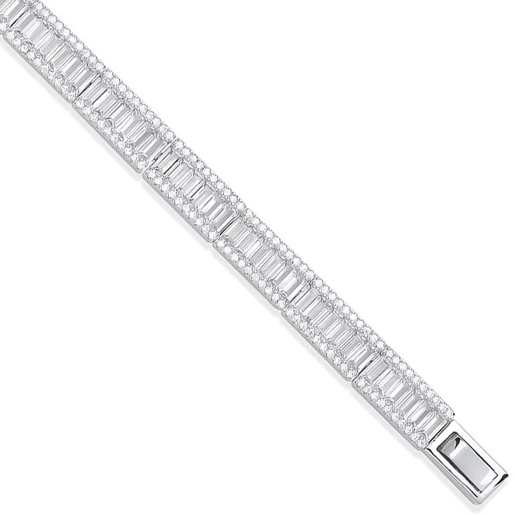 Silver Baguette & Round Cubic Zirconias Ladies Bracelet - Silver - Image 2