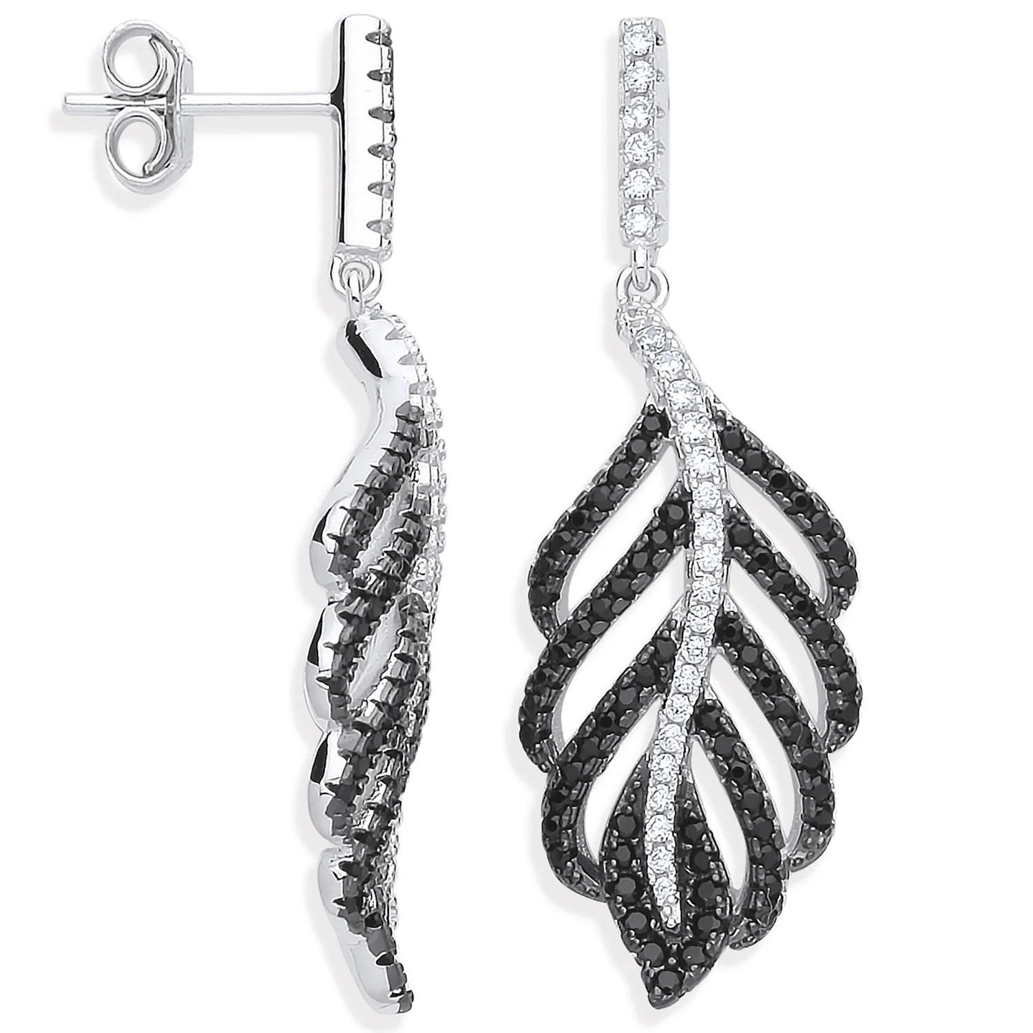 Silver Black & Clear Cubic Zirconia Leaf Drop Earrings - Silver