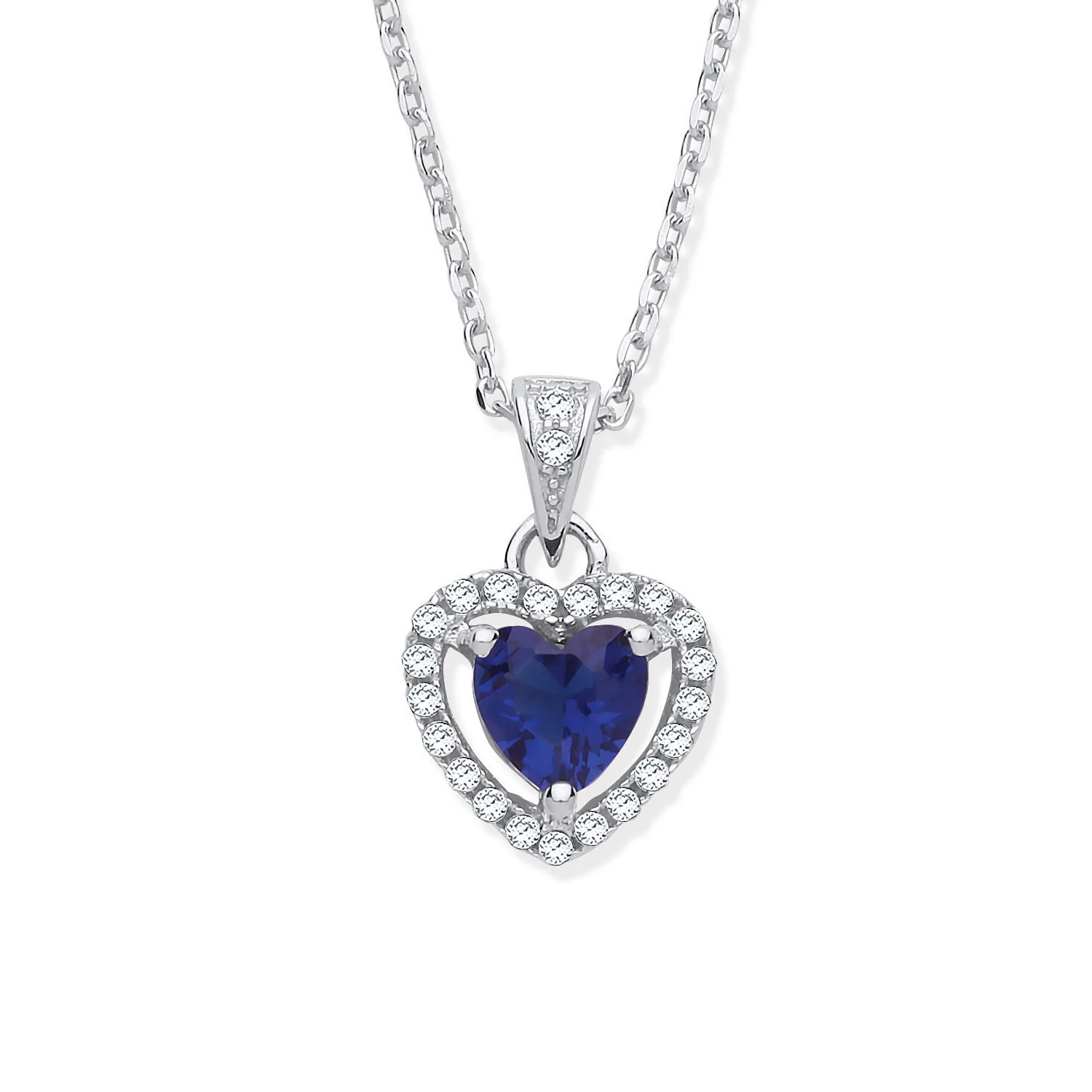 Silver Blue Cubic Zirconia Halo Heart Pendant Necklace - Silver - Image 2