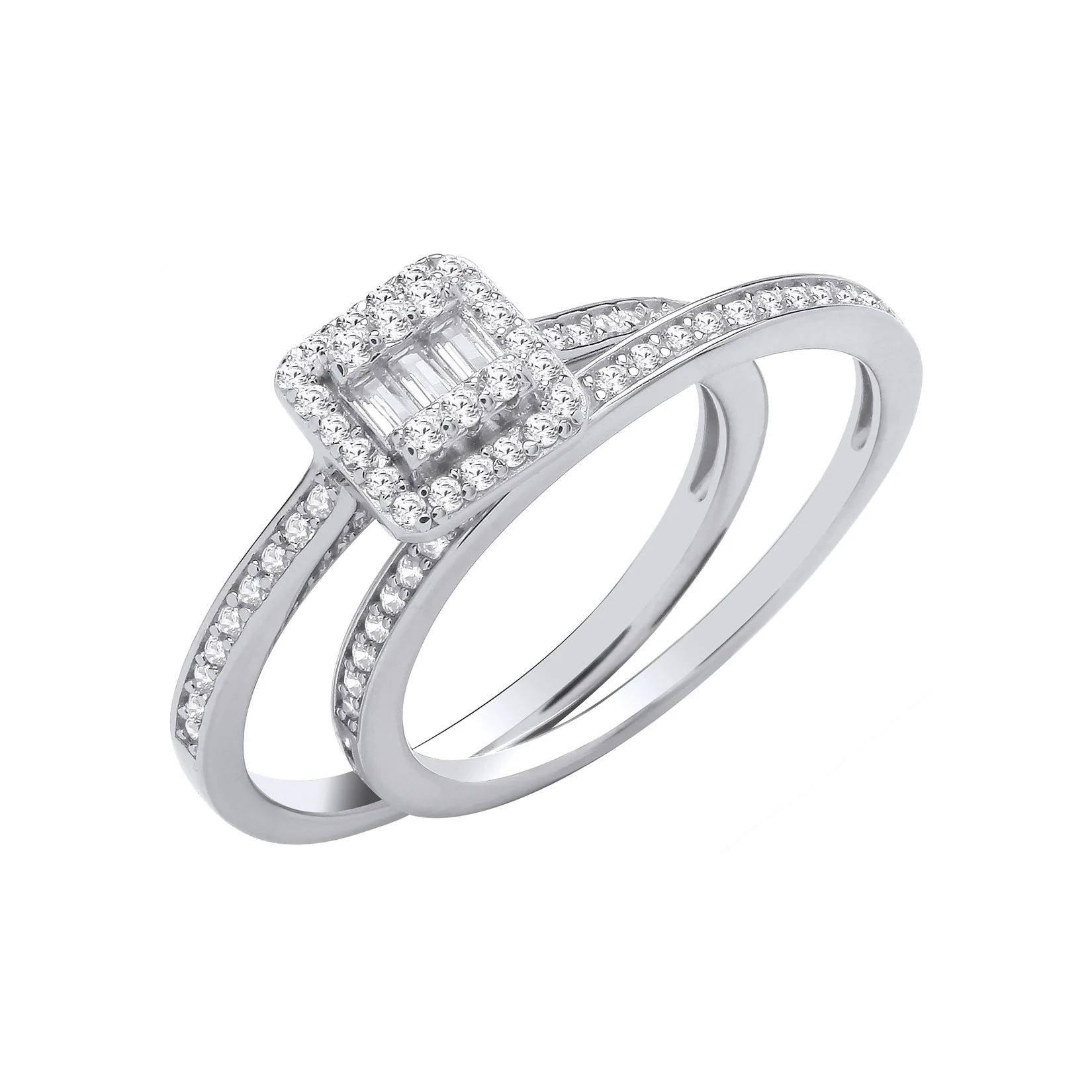 Silver Bridal Set Baguettes Centre & Round Cubic Zirconias Half ET Rings - Silver - Image 2