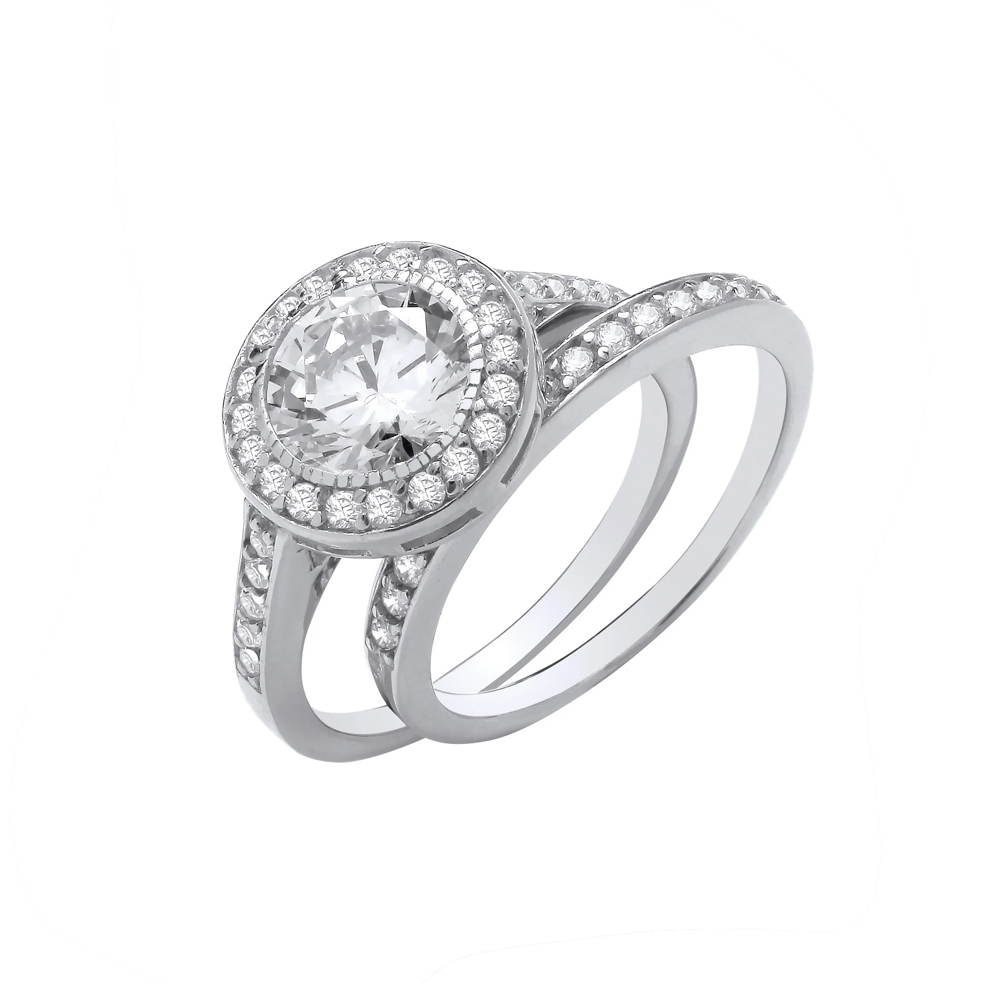 Silver Bridal Set Halo Cubic Zirconia Half ET Rings - Silver - Image 2