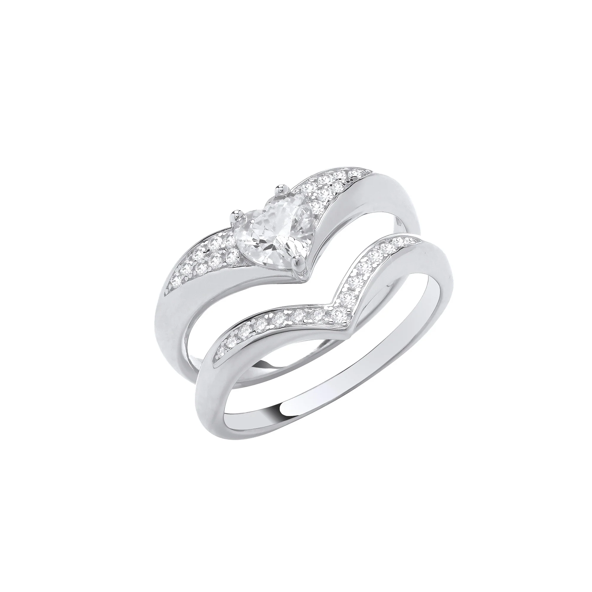 Silver Bridal Set Heart Cubic Zirconia Wishbone Rings - Silver - Image 2