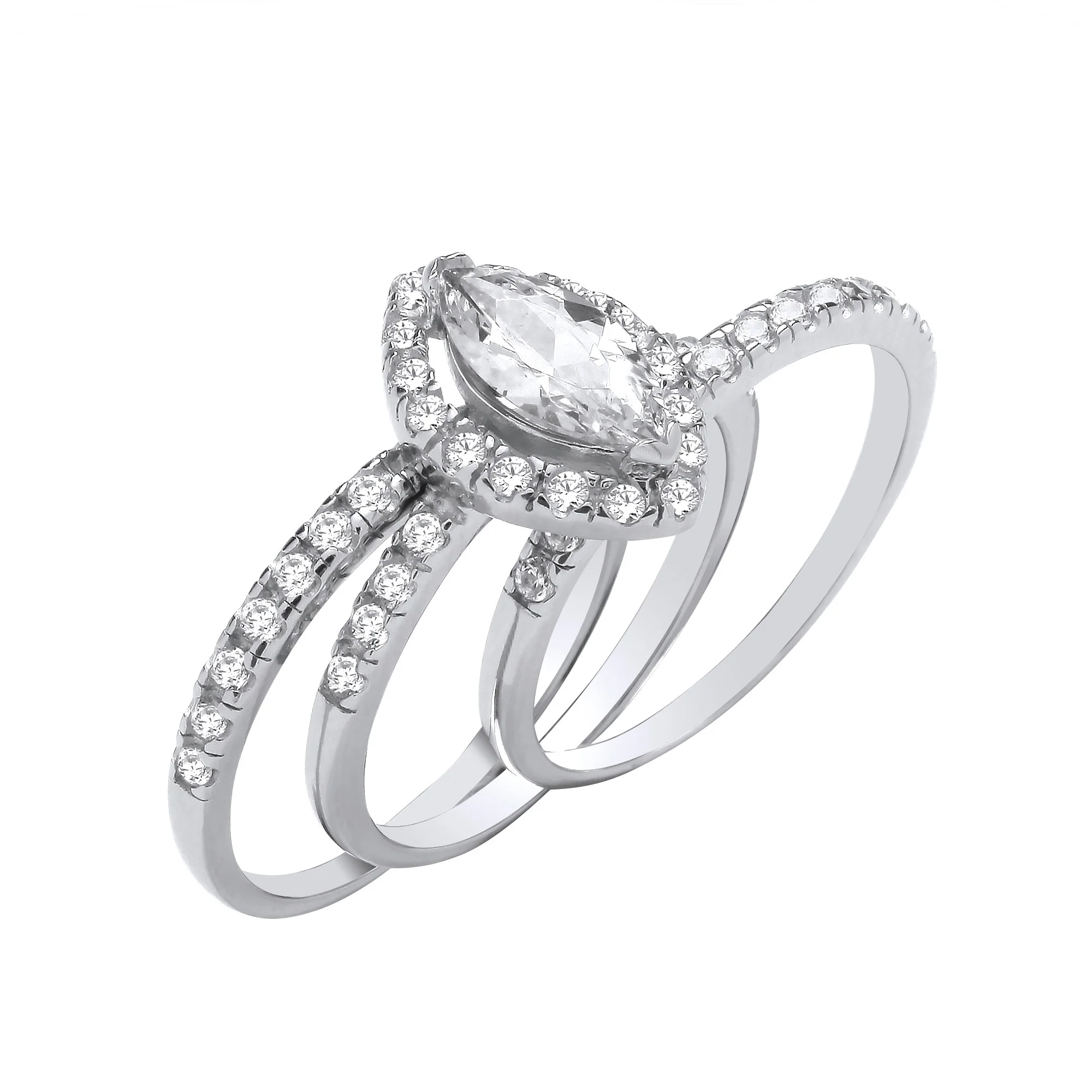 Silver Bridal Set Marquise Halo Cubic Zirconia Half ET 3 Rings - Silver - Image 2