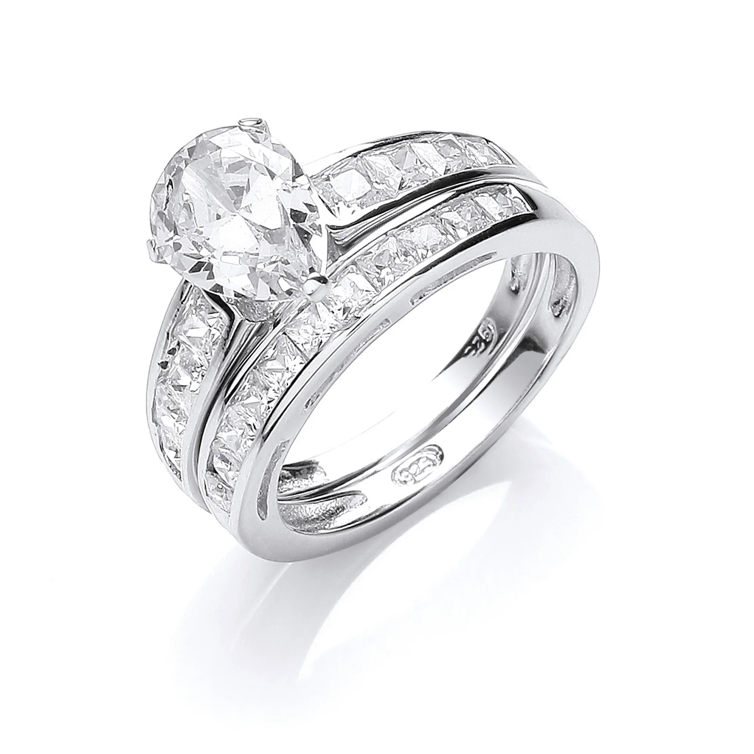 Silver Bridal Set, Pear Cubic Zirconia Centre Rings - Silver - Image 2