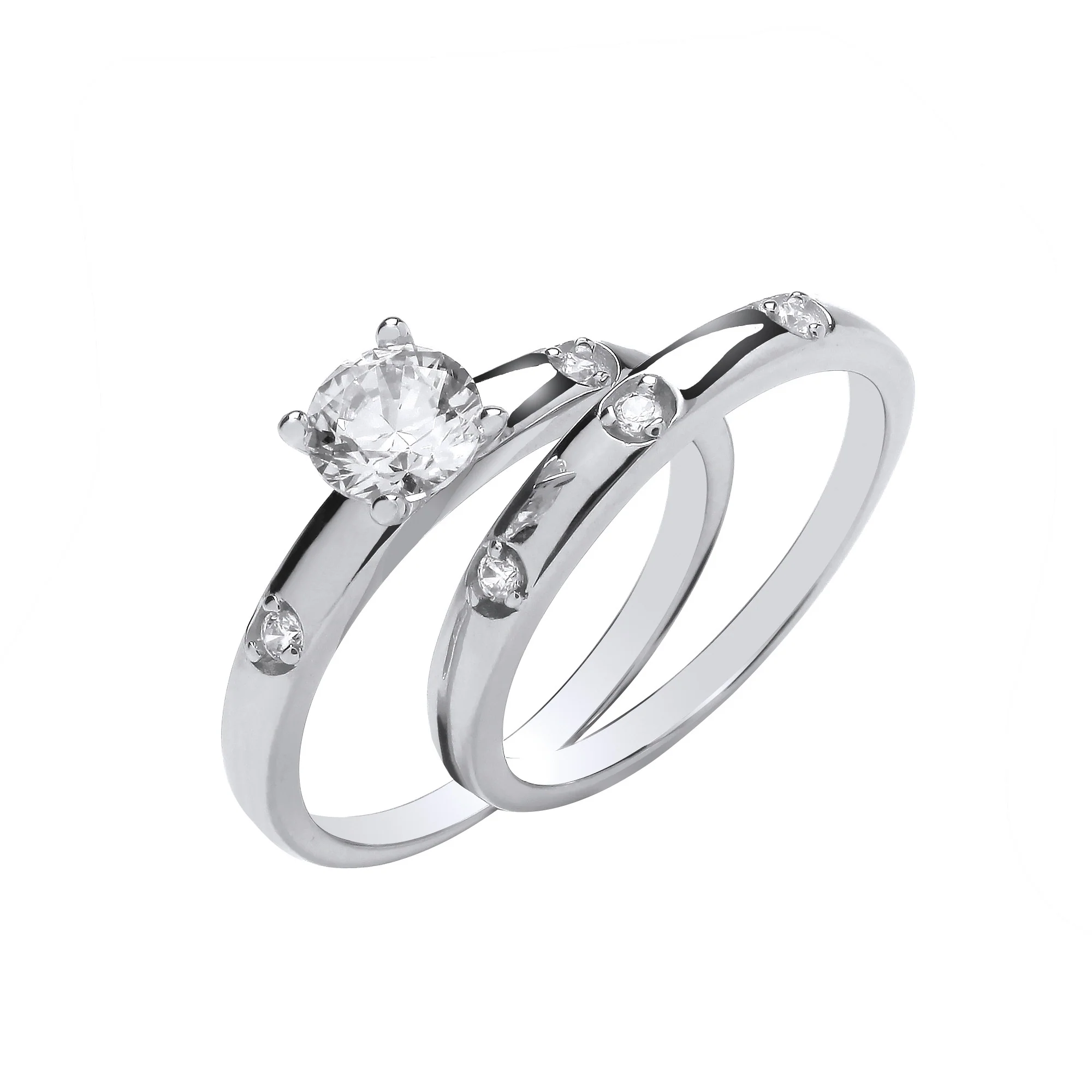 Silver Bridal Set S/S Round Cubic Zirconias Half ET Rings - Silver - Image 2