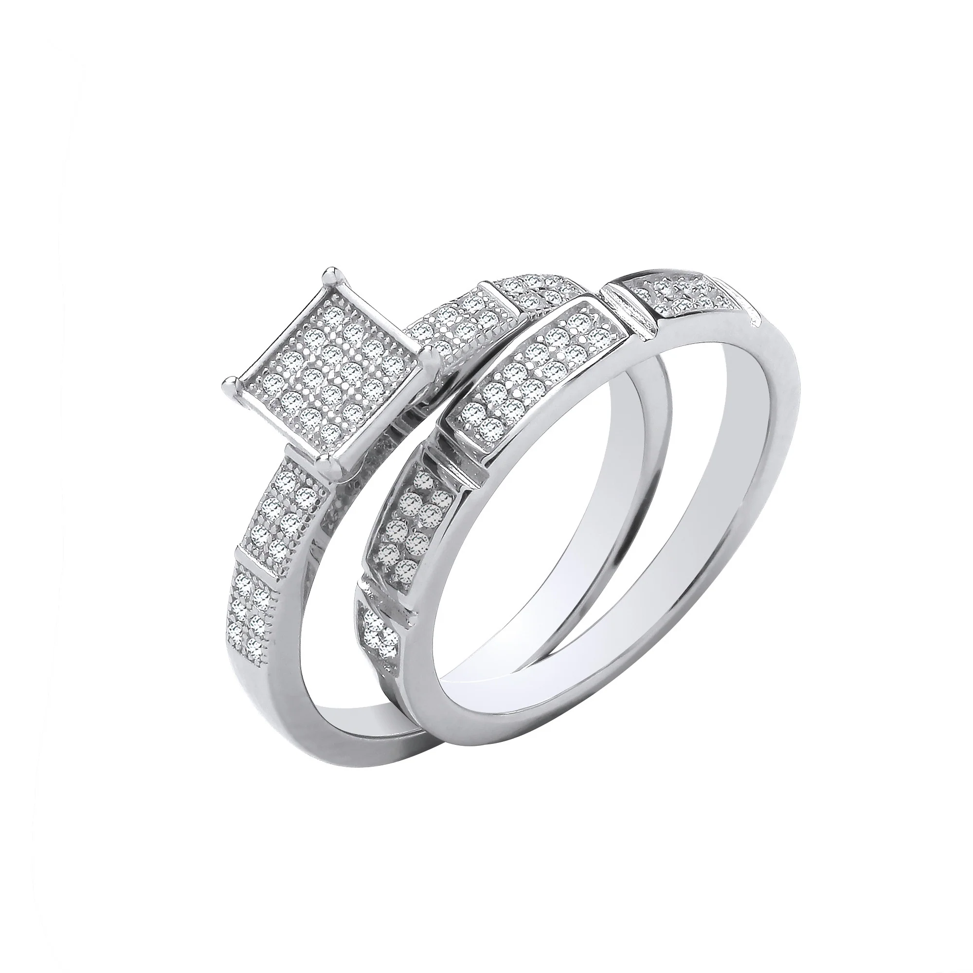 Silver Bridal Set Square Top Cubic Zirconia Half ET Rings - Silver - Image 2