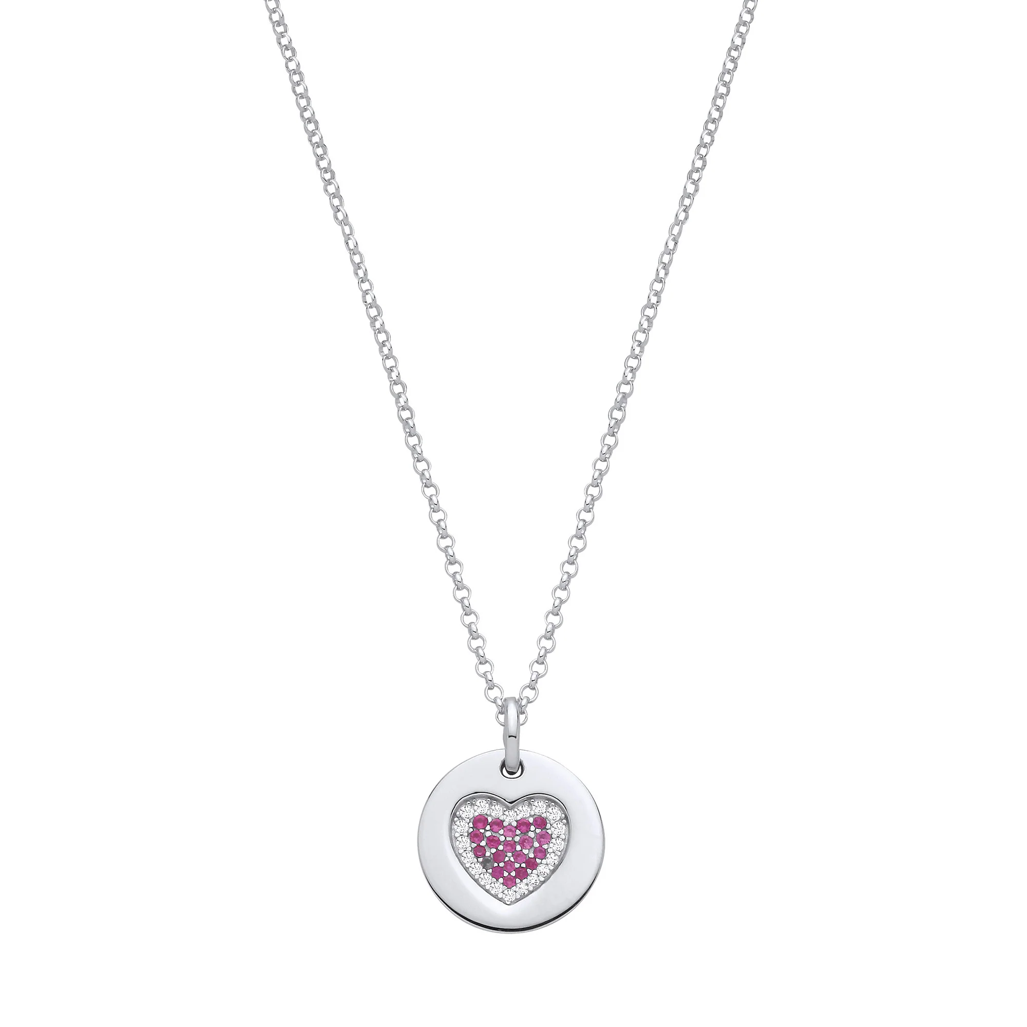 Silver Chain with Pink Cubic Zirconias Heart on Circle Pendant - Silver