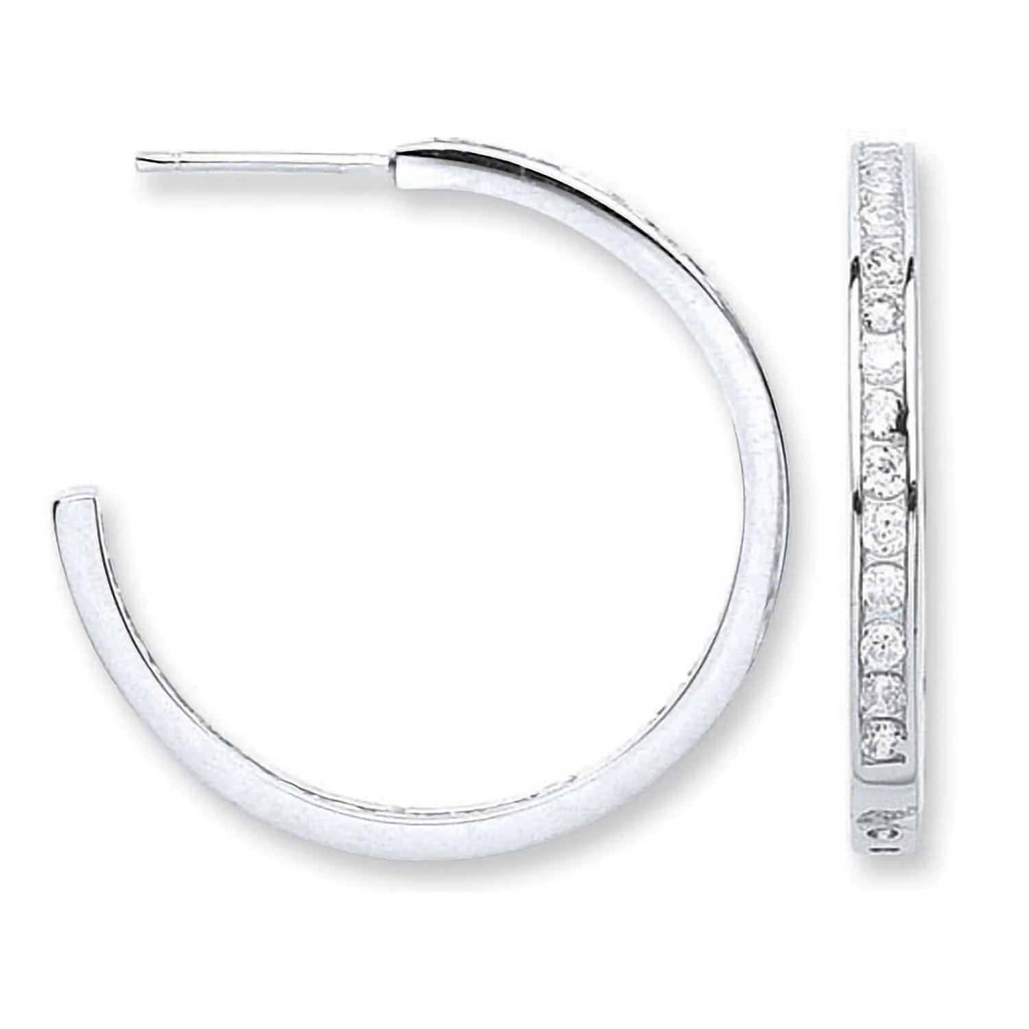Silver Channel Set Cubic Zirconia Hoop Earrings - Silver - Image 2