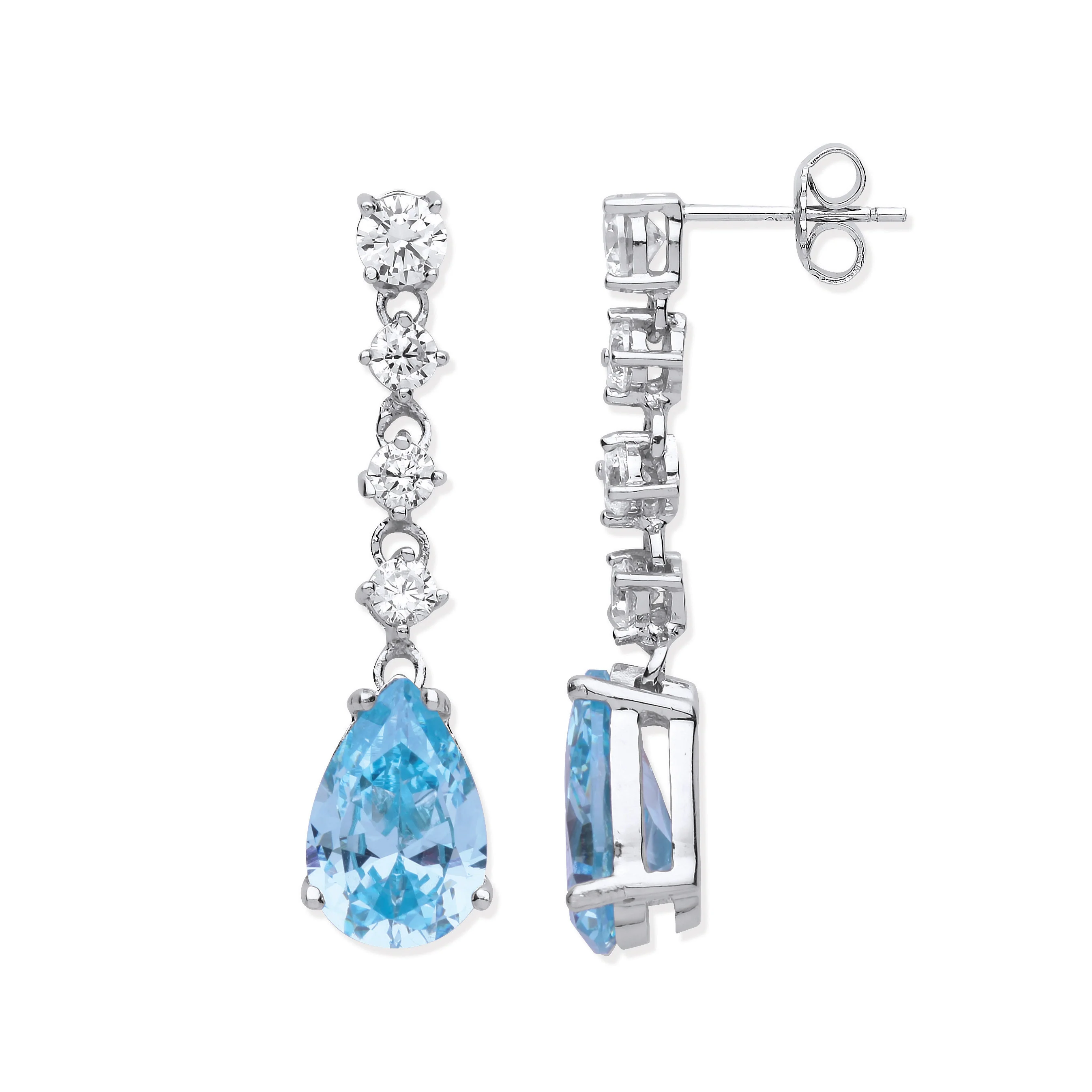 Silver Clear & Aquamarine Colour Cubic Zirconias Long Drop Earrings - Silver - Image 2