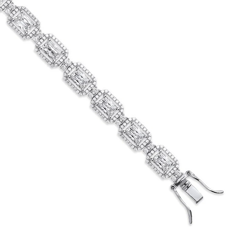 Silver Clear Cubic Zirconia Emerald Cut in a Halo Style Tennis Bracelet - Silver - Image 2