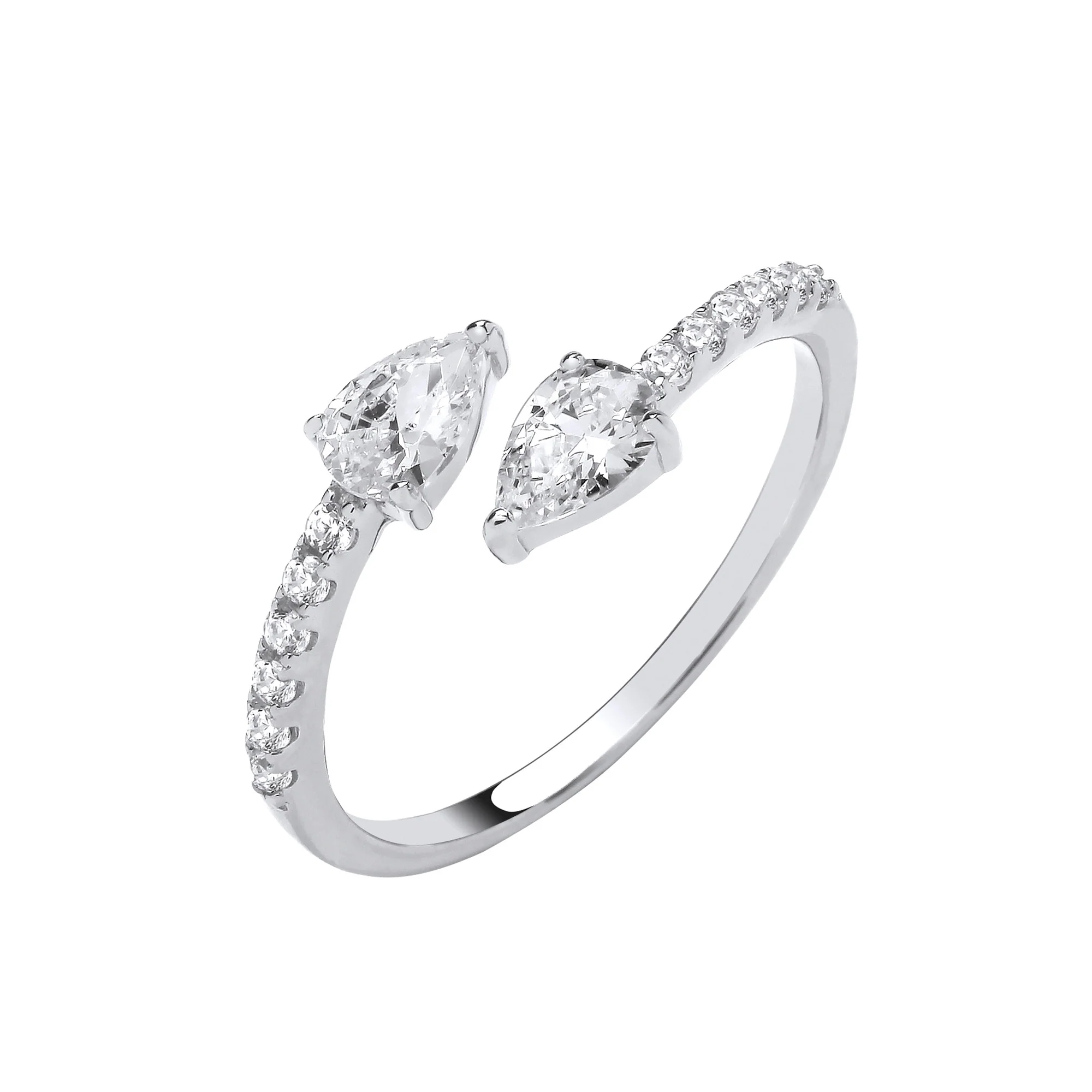 Silver Cross-Over Pear Shape Cubic Zirconias Ring - Silver - Image 2