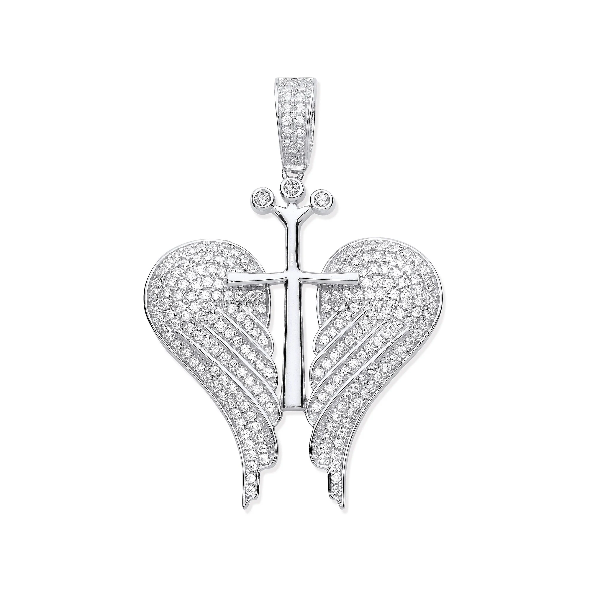 Silver Cubic Zirconia Open Angel Wings with Royal Cross Pendant - Silver - Image 2