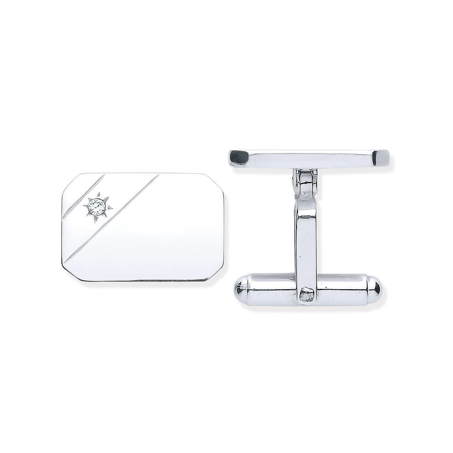 Silver Cubic Zirconia, Rectangle, Soft Edge Cufflinks - Silver - Image 2