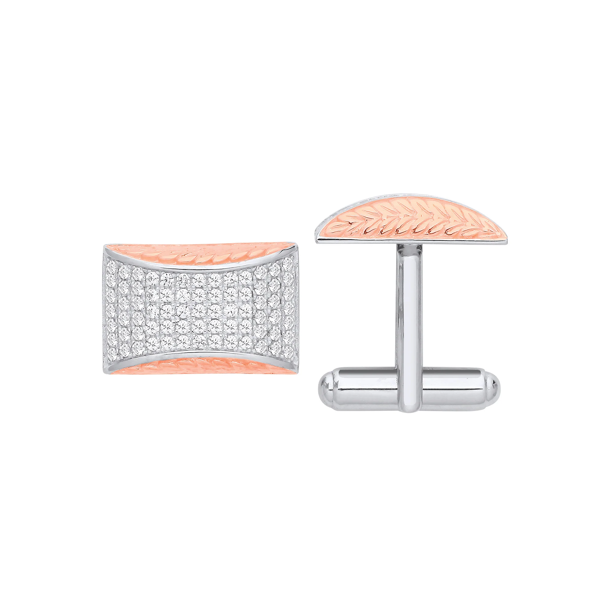 Silver Cubic Zirconias & Rose Gold Plating Barley Design Cufflinks - Silver