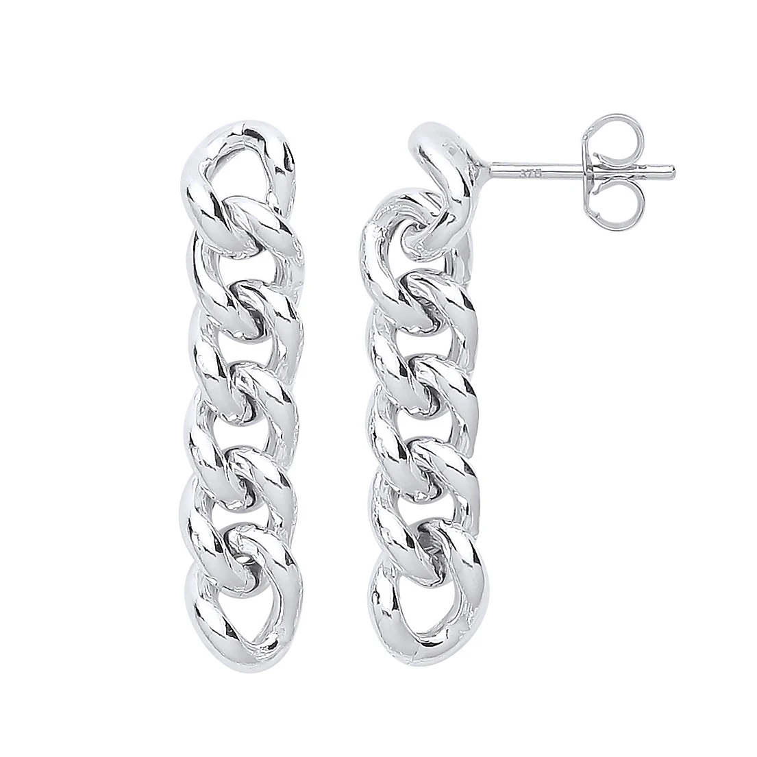 Silver Curb Chain Stud Drop Earrings - Silver - Image 2
