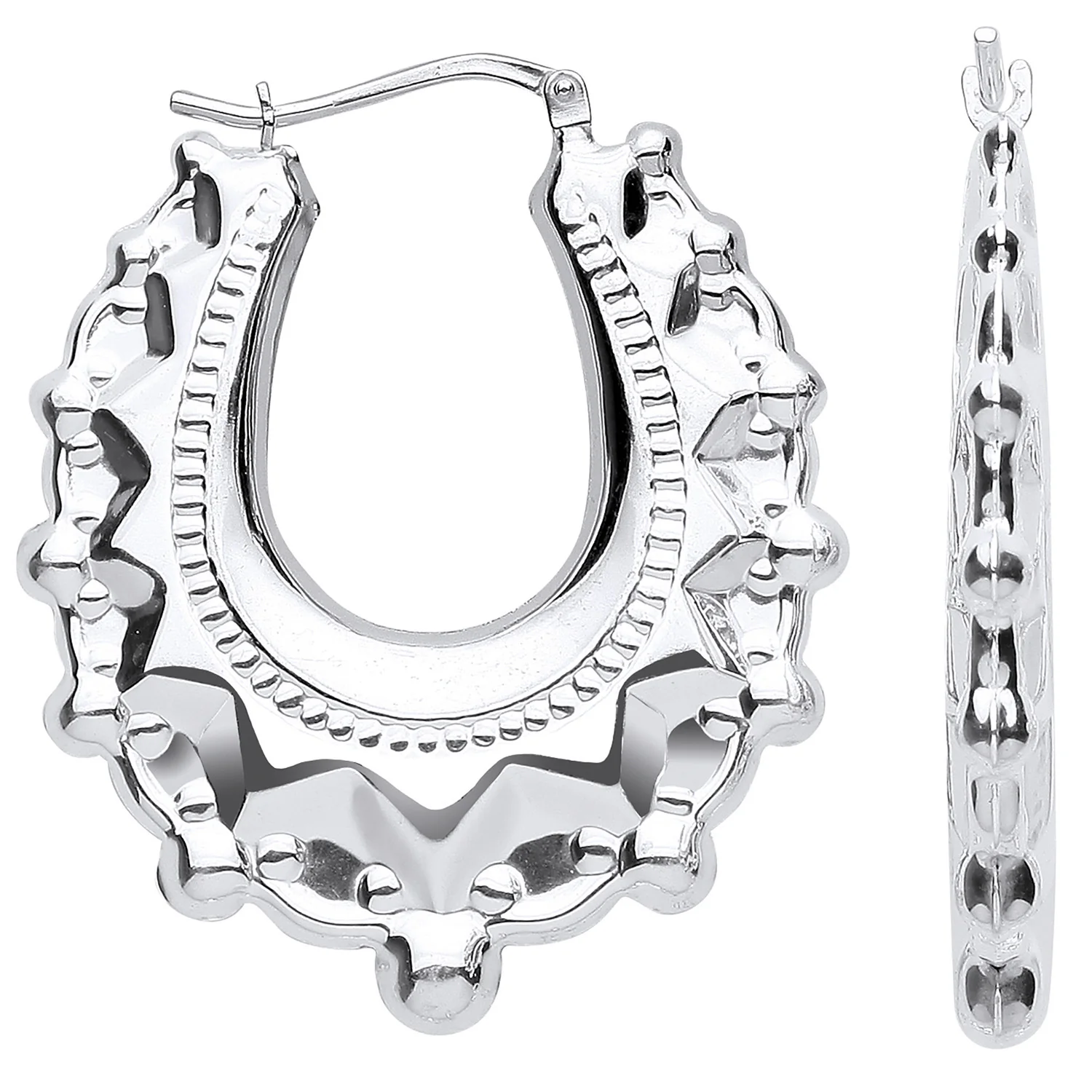 Silver Embossed Hinged Medium Oval Creoles - Silver - Image 2