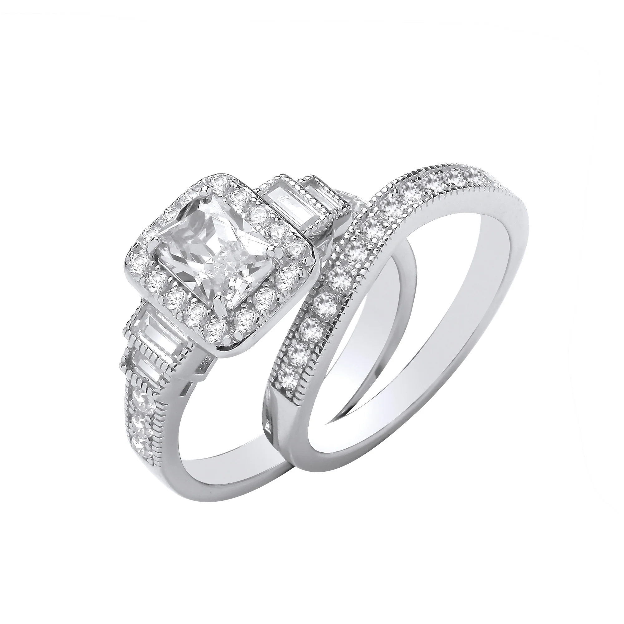 Silver Emerald Centre Cubic Zirconia Fancy Bridal Set Rings - Silver - Image 2