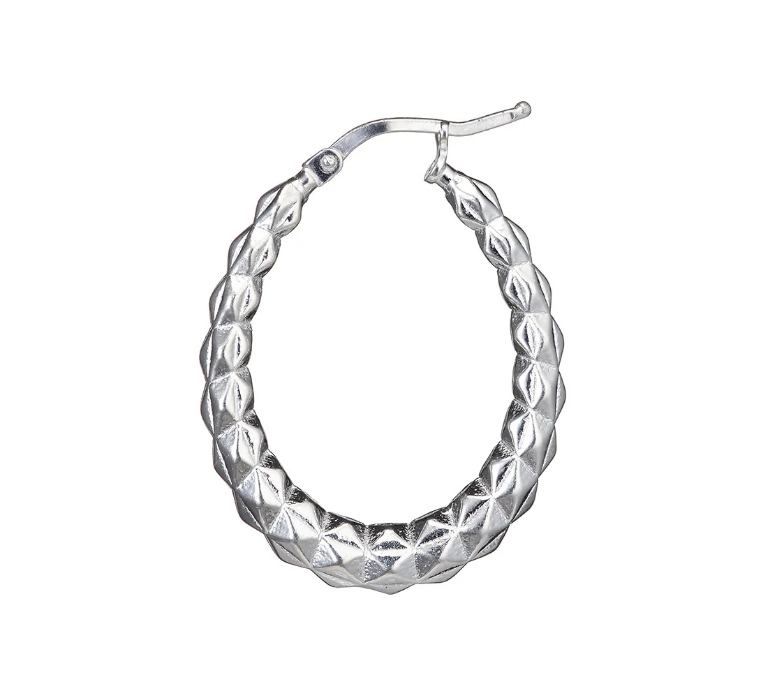 Silver Faceted Oval Hallow Hoop Earrings - Silver - Image 2