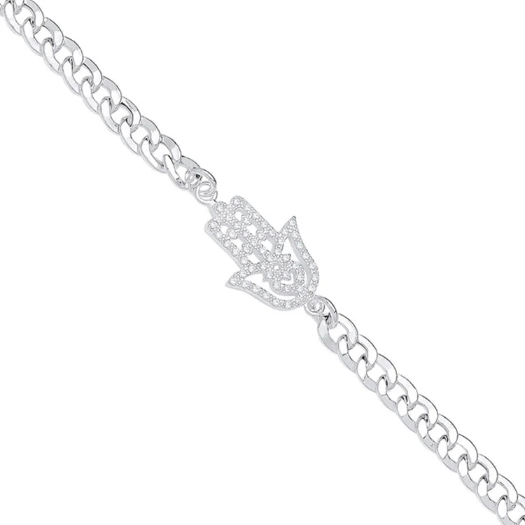 Silver Flat Curb Chain with Cubic Zirconia Hamsa Bracelet - Silver - Image 2