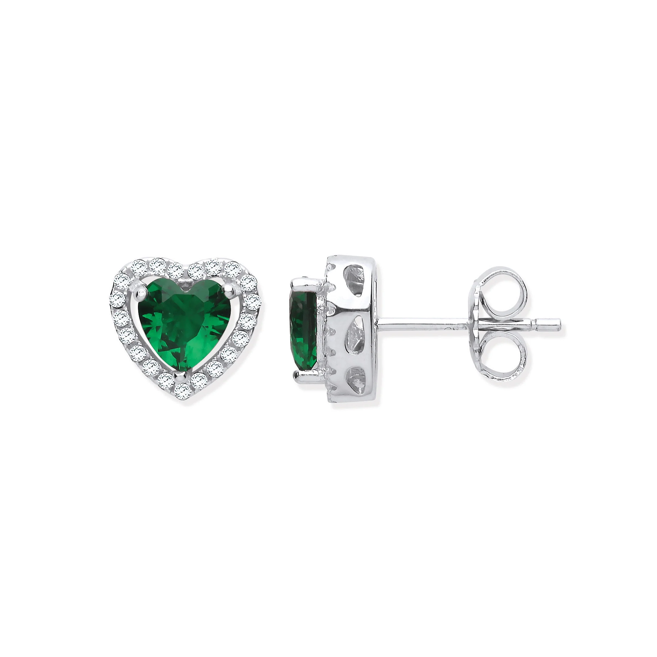 Silver Green Cubic Zirconia Halo Heart Stud Earrings - Silver - Image 2