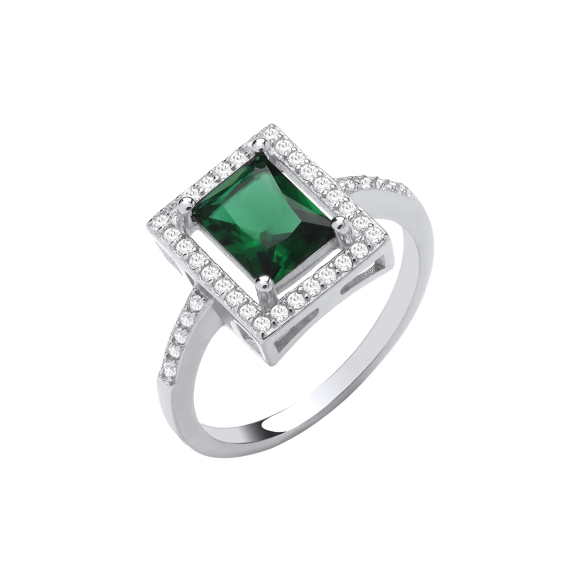 Silver Green Cubic Zirconia Halo Style Ring - Silver - Image 2