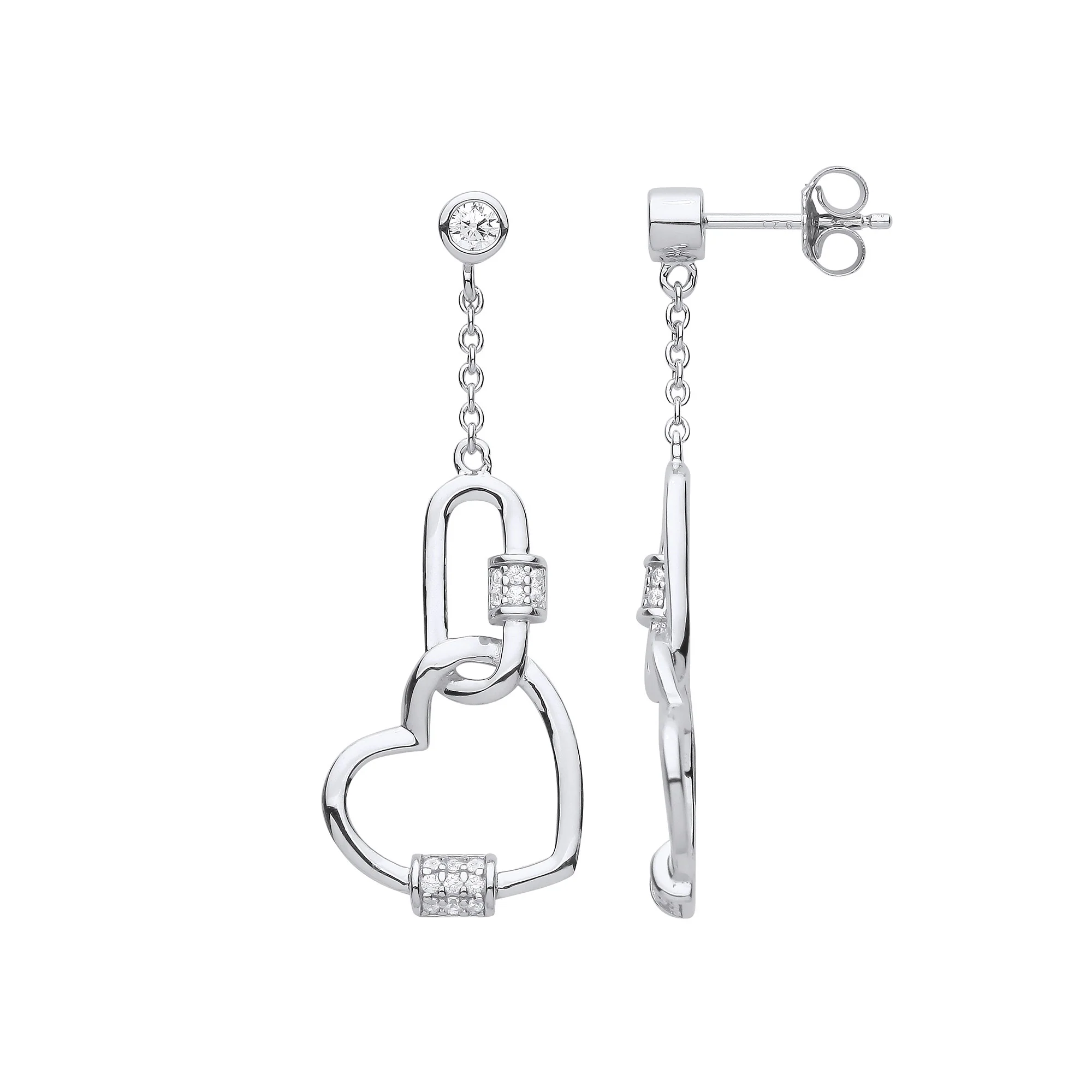 Silver Heart Paper Clip Cubic Zirconia Drop Earrings - Silver