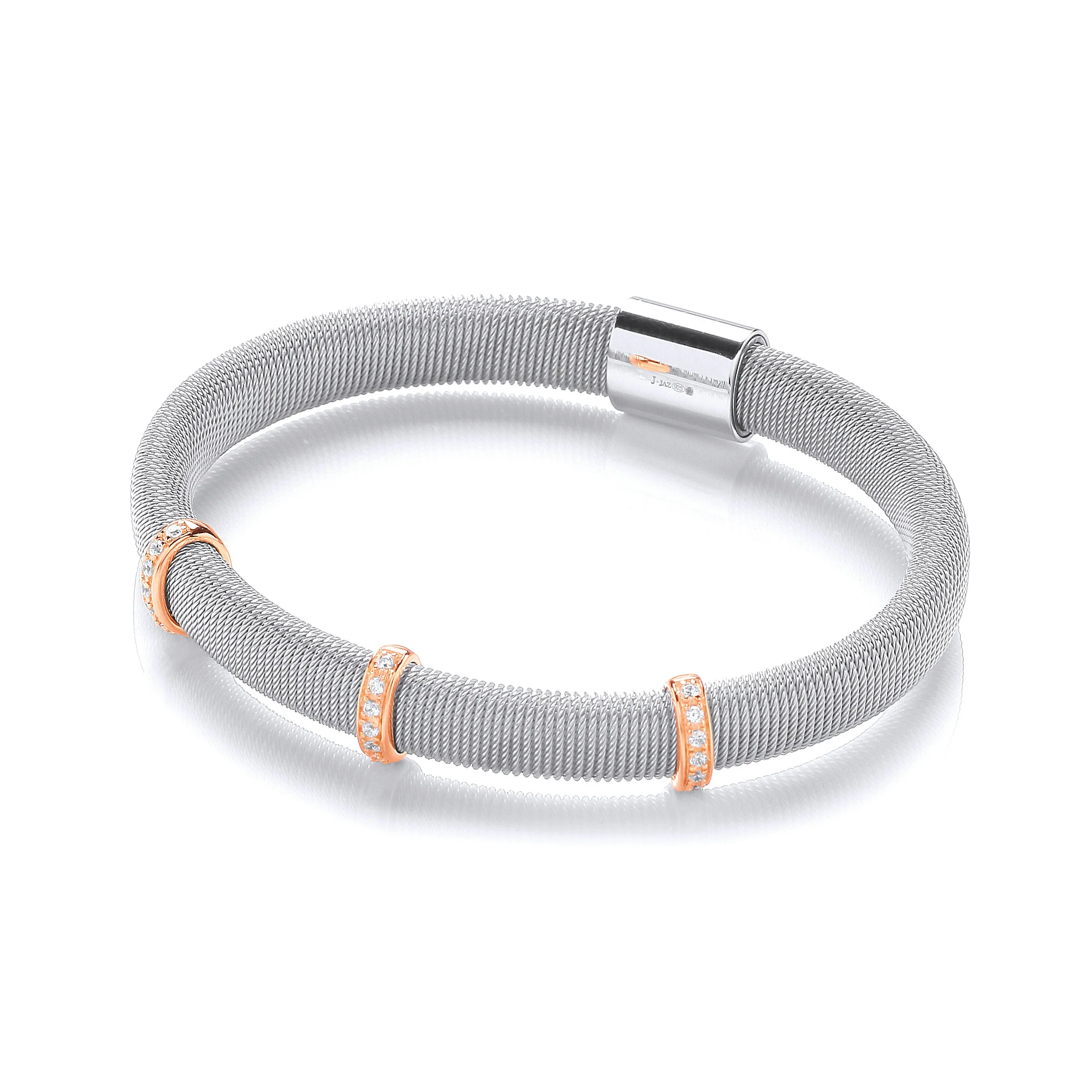 Silver Mangetic Bangle with Three Rose Lines of Cubic Zirconia's - Silver