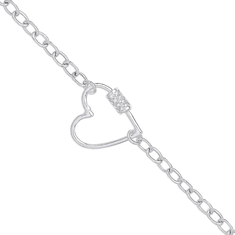 Silver Oval Link Chain , Heart Cubic Zirconia Charm Bracelet - Silver - Image 2