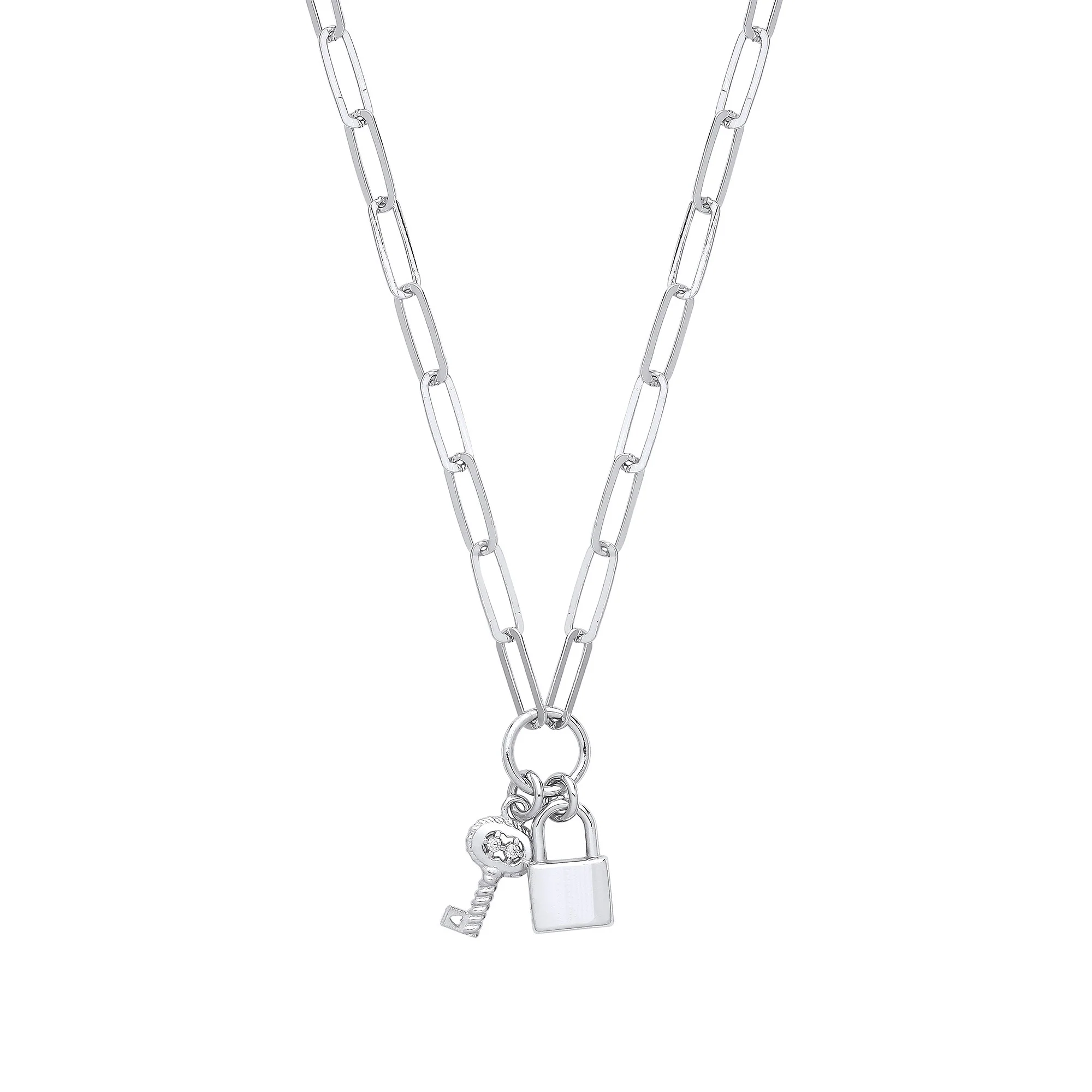 Silver Paper Clip Chain , Padlock & Cubic Zirconia Key Necklace - Silver - Image 2