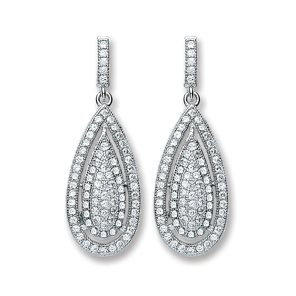 Silver Pear Shape Fancy Drop Earrings - Silver - Image 2
