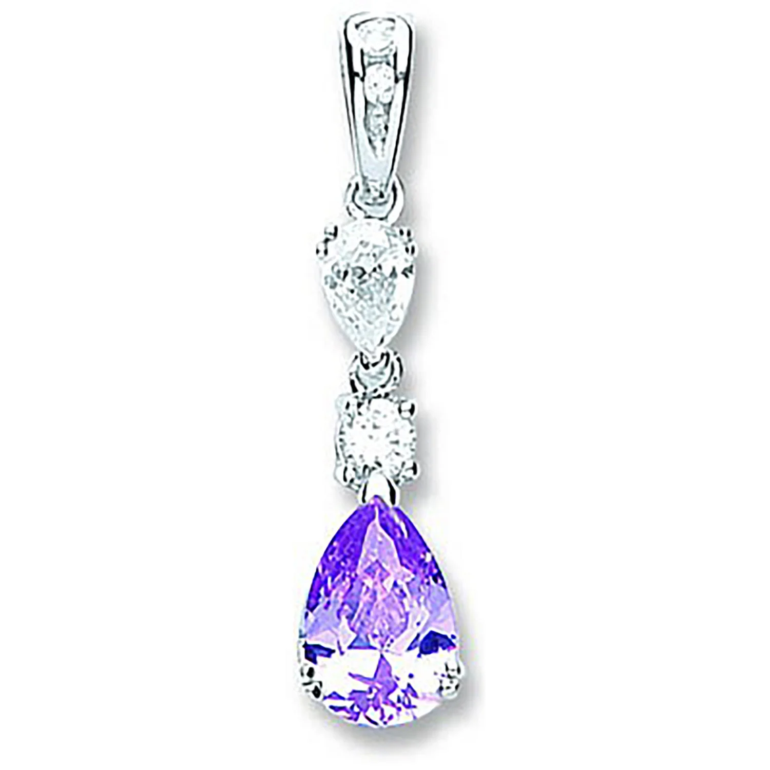 Silver Purple & Clear Pear Shaped Cubic Zirconia Drop Pendant - Silver - Image 2