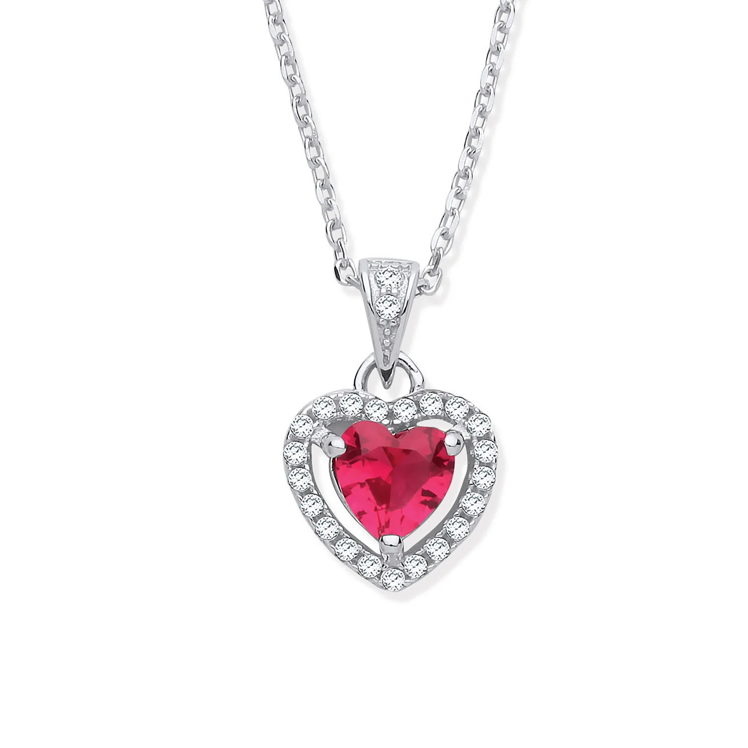 Silver Red Cubic Zirconia Halo Heart Pendant Necklace - Silver - Image 2