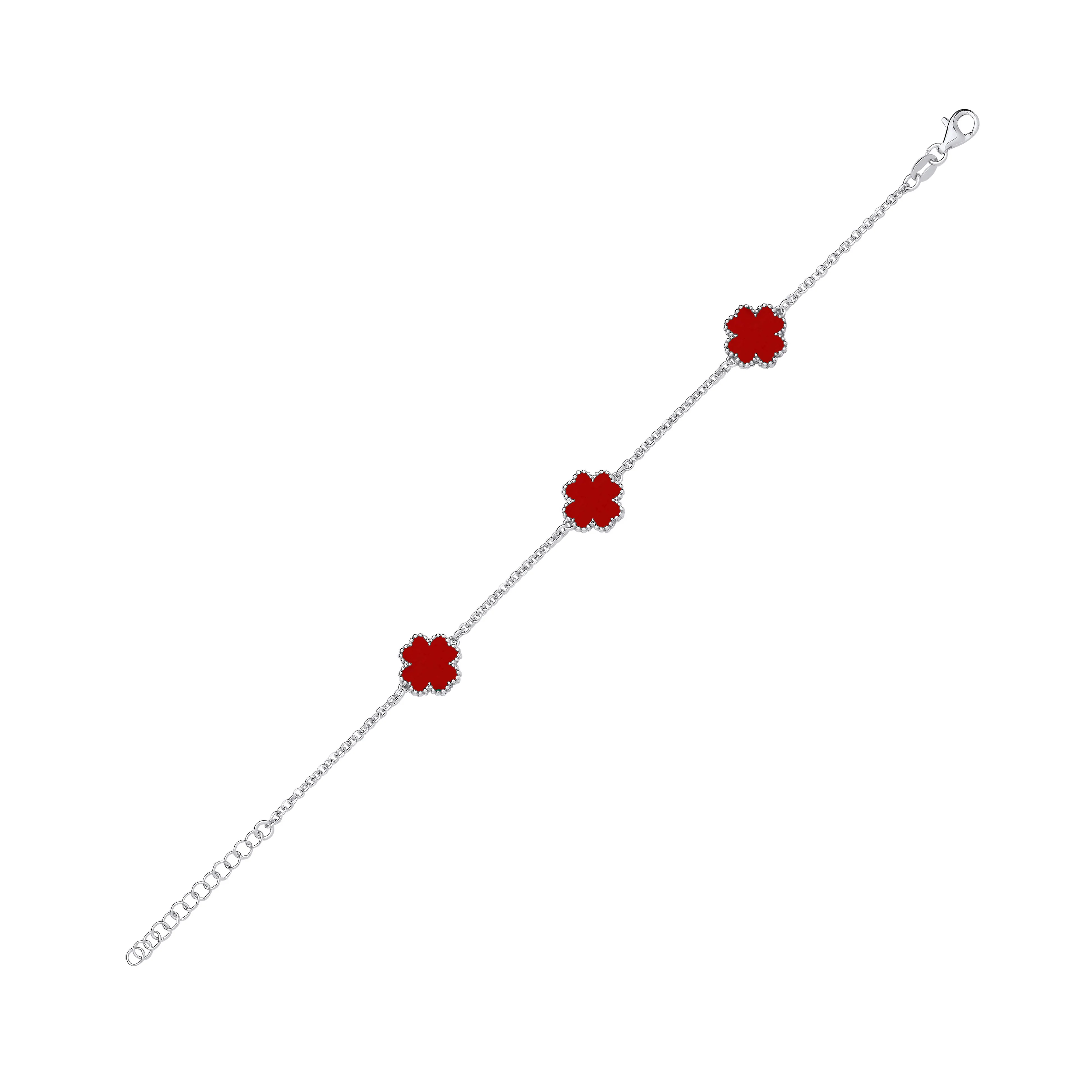 Silver RED Enamel Four Leaf Clover Bracelet - Silver - Image 2