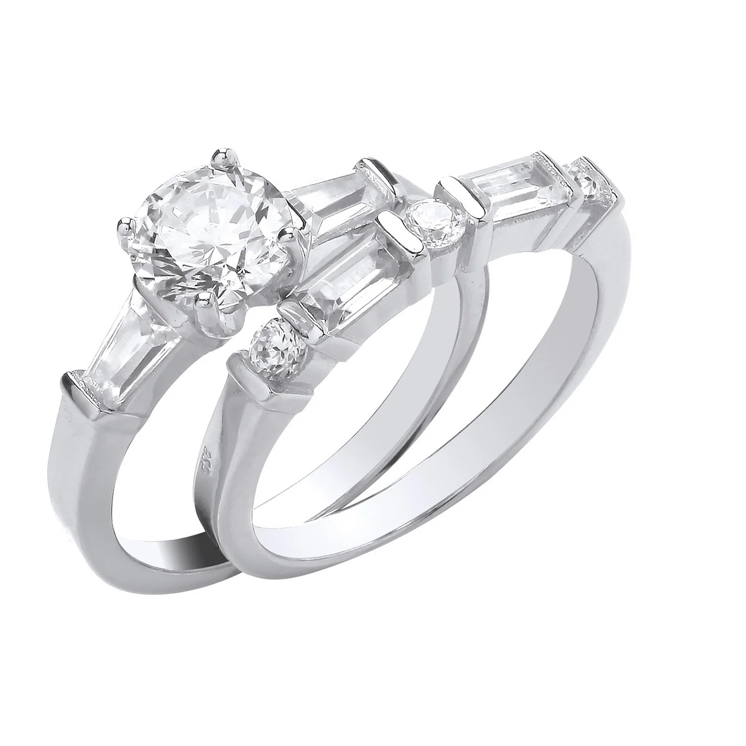 Silver Round and Baguette Cubic Zirconia Bridal Set Rings - Silver - Image 2