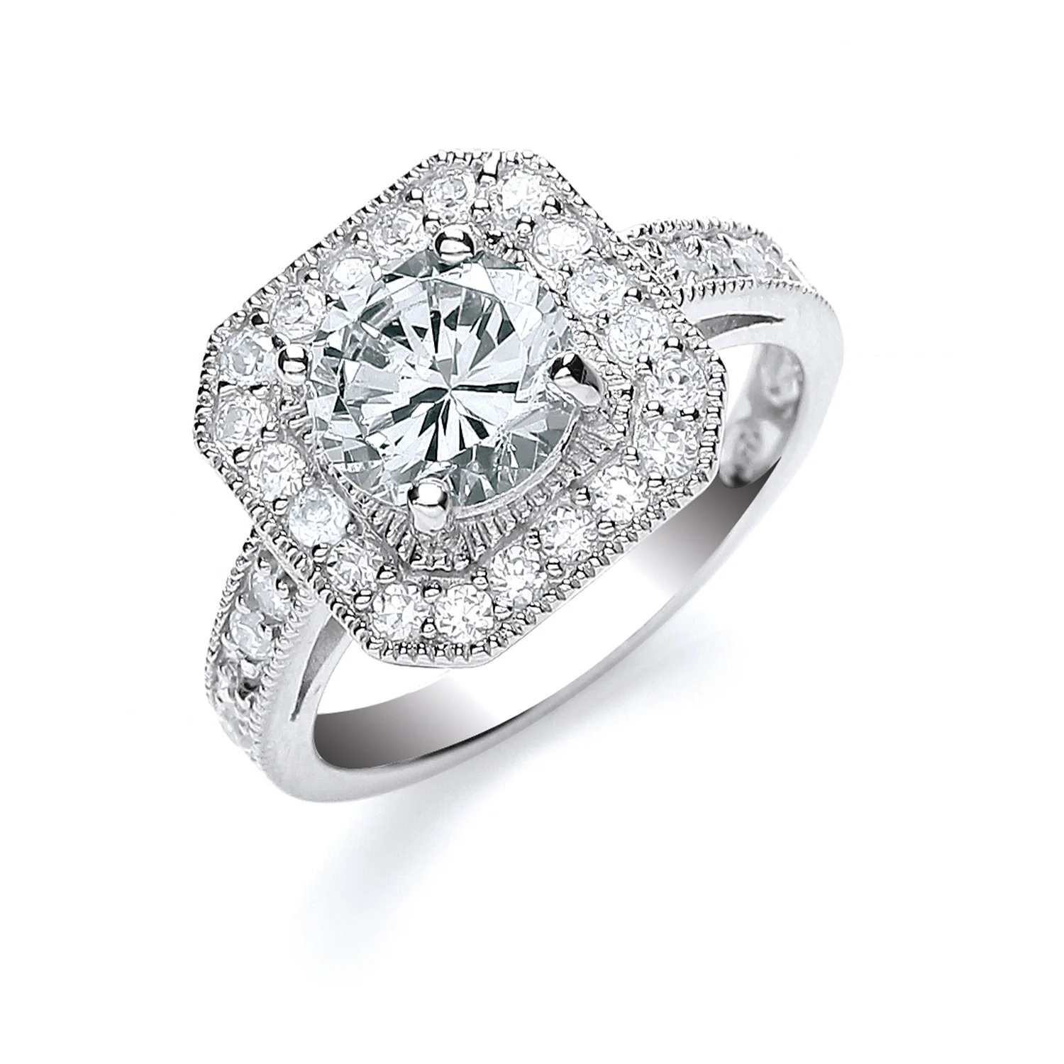 Silver Round Cut with Cubic Zirconia Surrounding & Shoulders Ring - Silver - Image 2