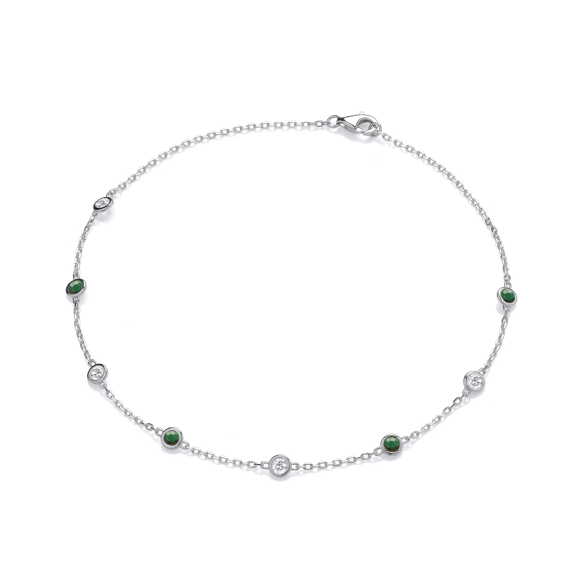 Silver Rubover Green & Clear Cubic Zirconia's Ladies Anklet - Silver