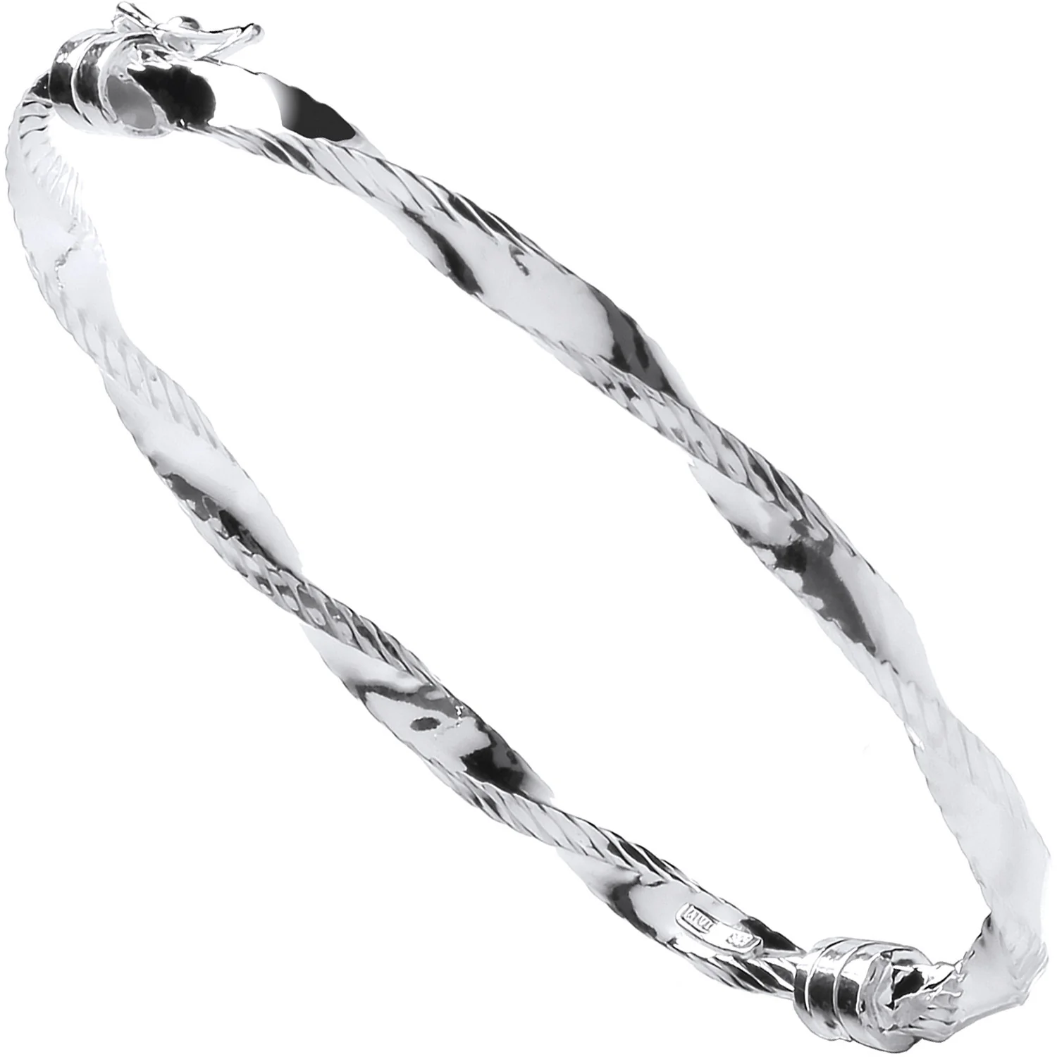 Silver Twisted Ribbed Edge Hollow Hinged Bangle - Silver - Image 2