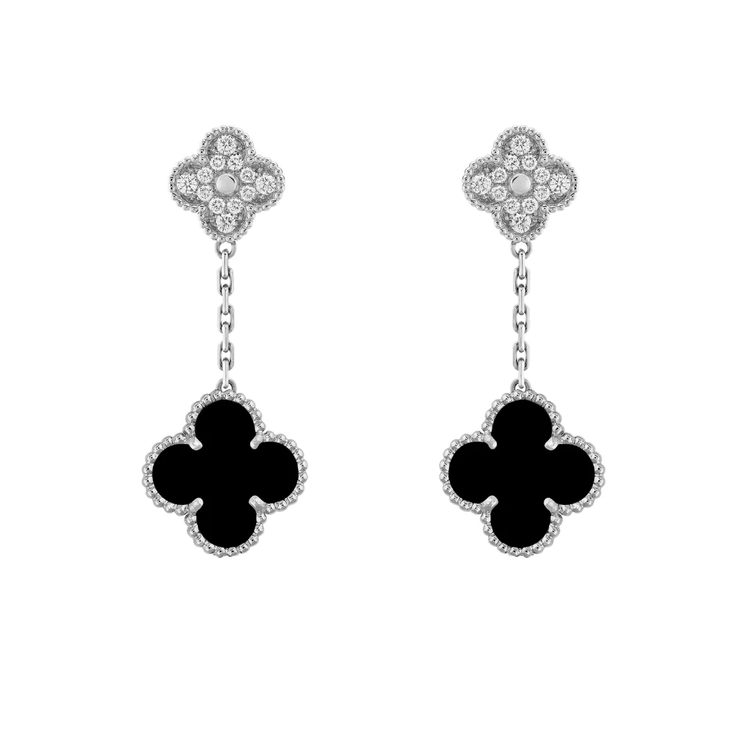 Van Cleef & Arpels Magic Alhambra Earrings 2 Motifs Diamonds and Onyx 18K White Gold
