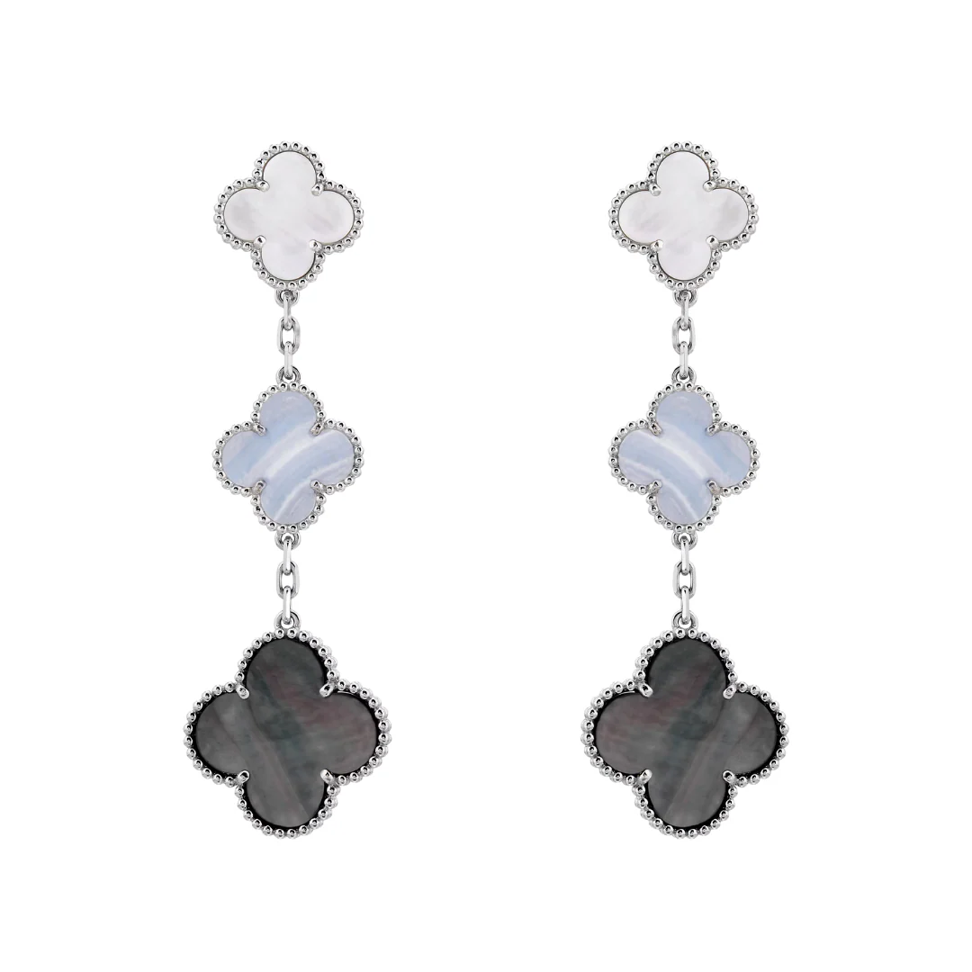 Van Cleef & Arpels Magic Alhambra Earrings 3 Motifs Chalcedony and Mother-Of-Pearl 18K White Gold