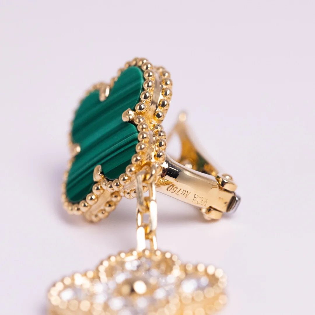 Van Cleef & Arpels Magic Alhambra Earrings 3 Motifs Diamonds and Malachite 18K Yellow Gold - Image 6