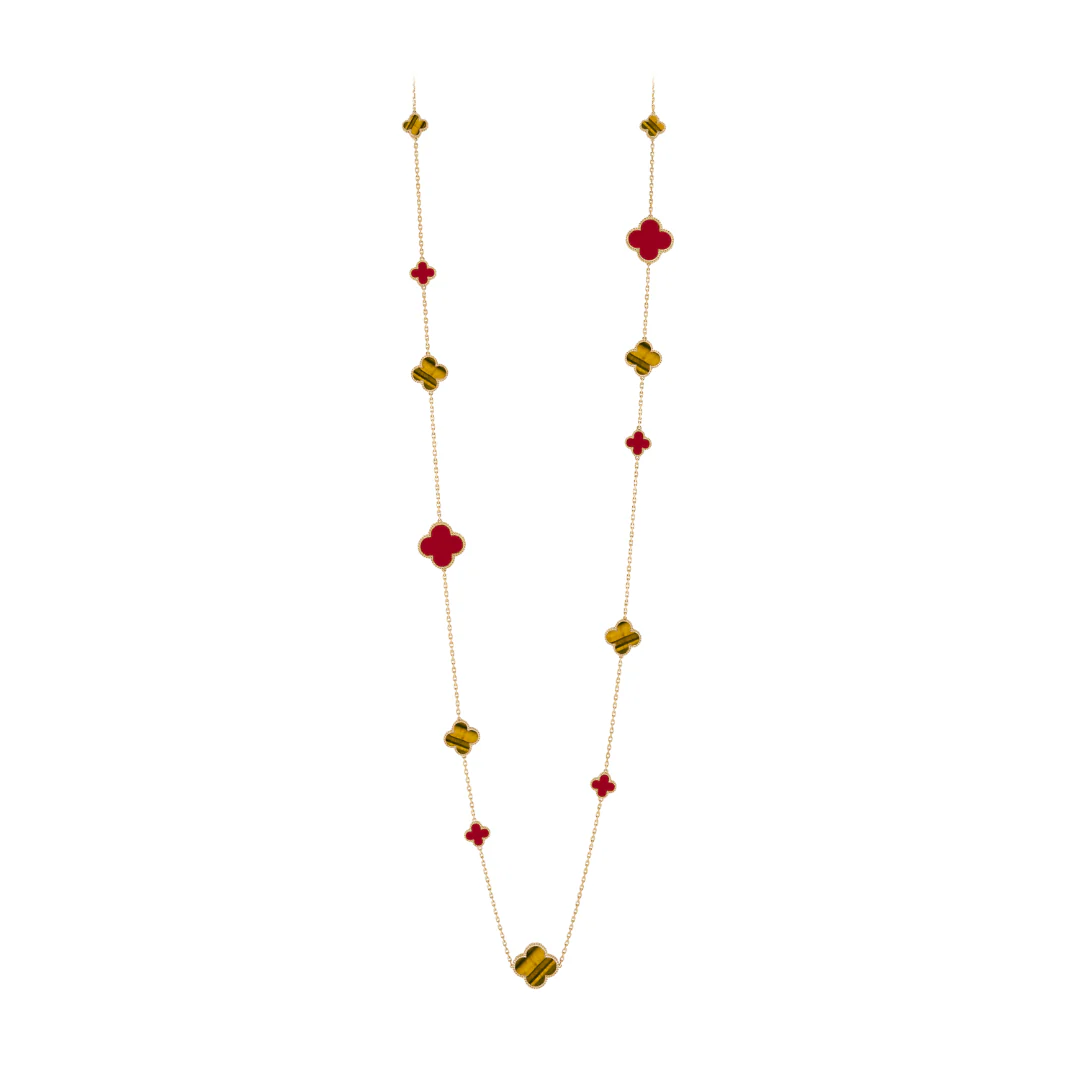 Van Cleef & Arpels Magic Alhambra Long Necklace 16 Motifs Carnelian and Tiger Eye 18K Yellow Gold