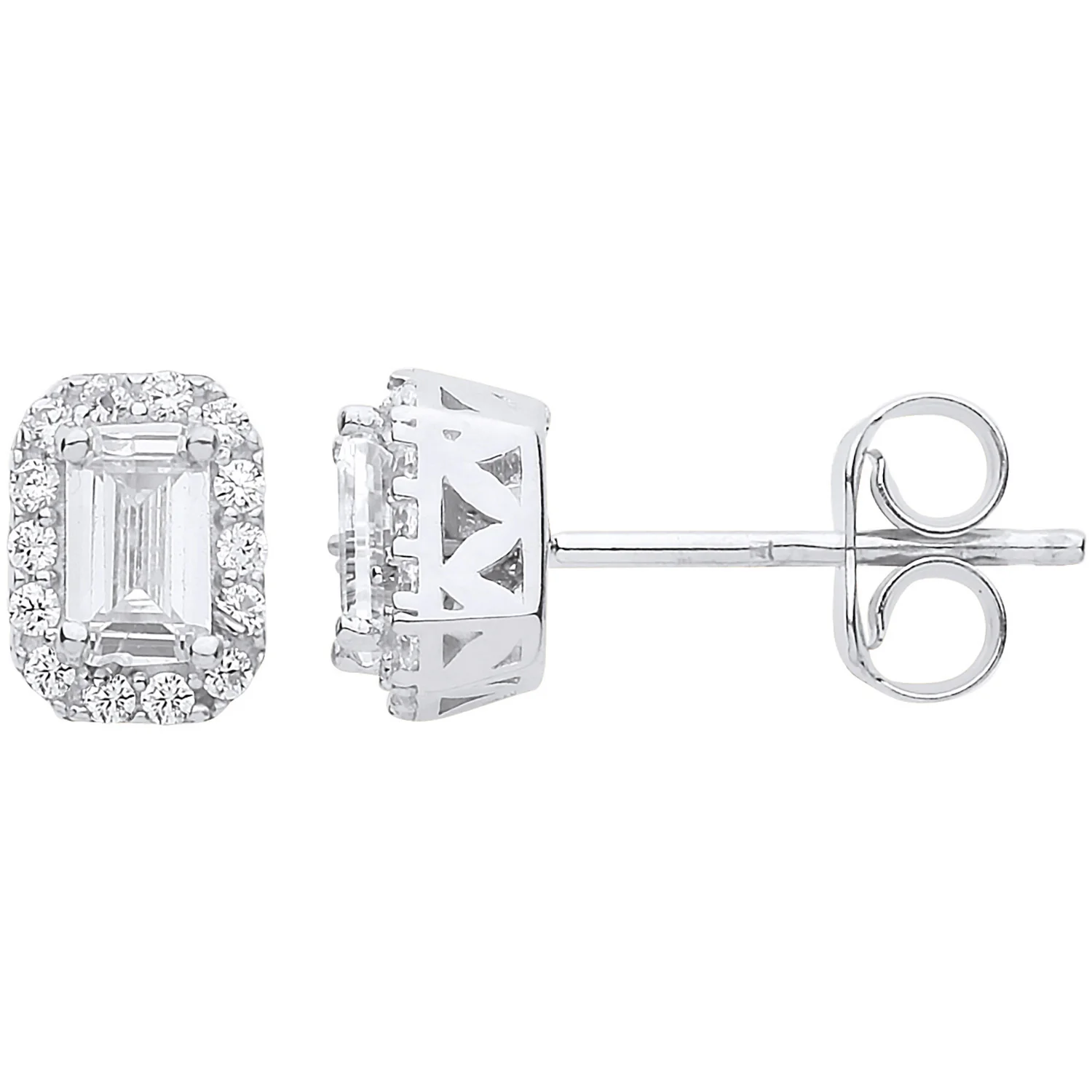 White Gold Baguette Halo Stud Earrings - 9ct Gold - Image 2