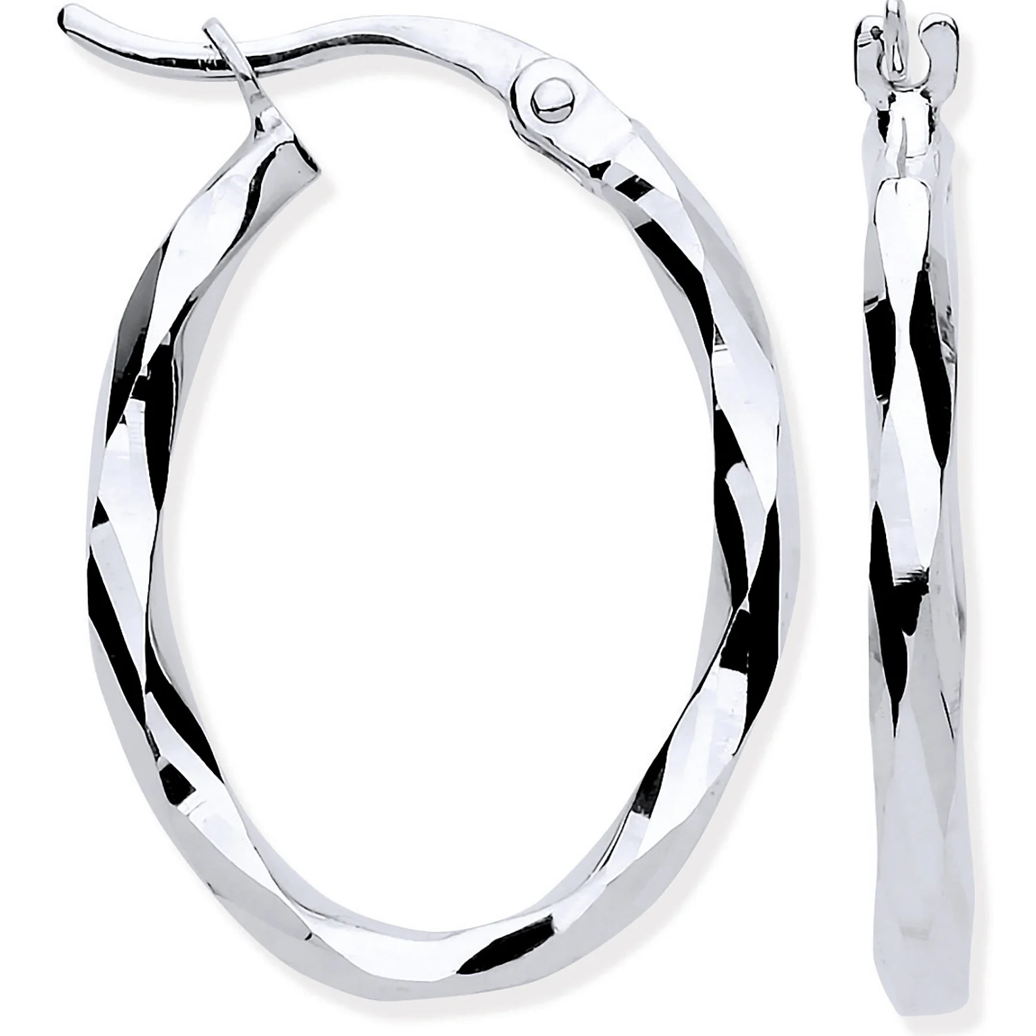 White Gold Faceted OVAL Hoop Earrings - 9ct Gold - Image 2