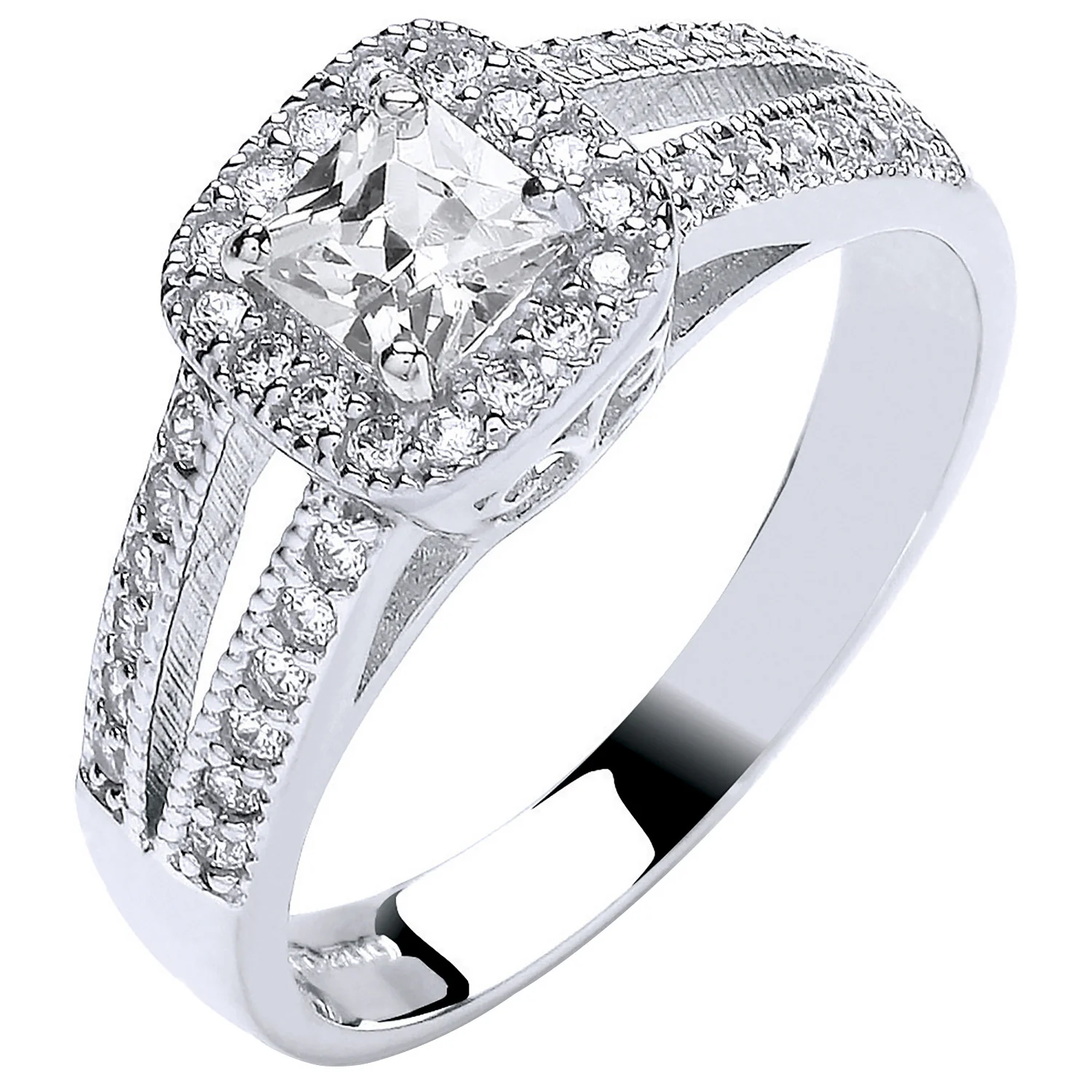 White Gold Ladies Princess Centre Split Shank Cubic Zirconia Ring - 9ct Gold - Image 2