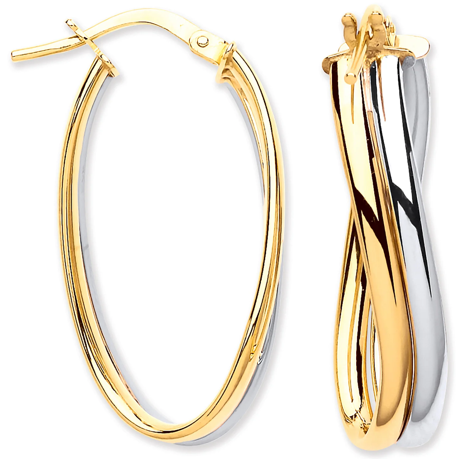 White & Yellow Gold Wavy Flat HollowTube Earrings - 9ct Gold - Image 2
