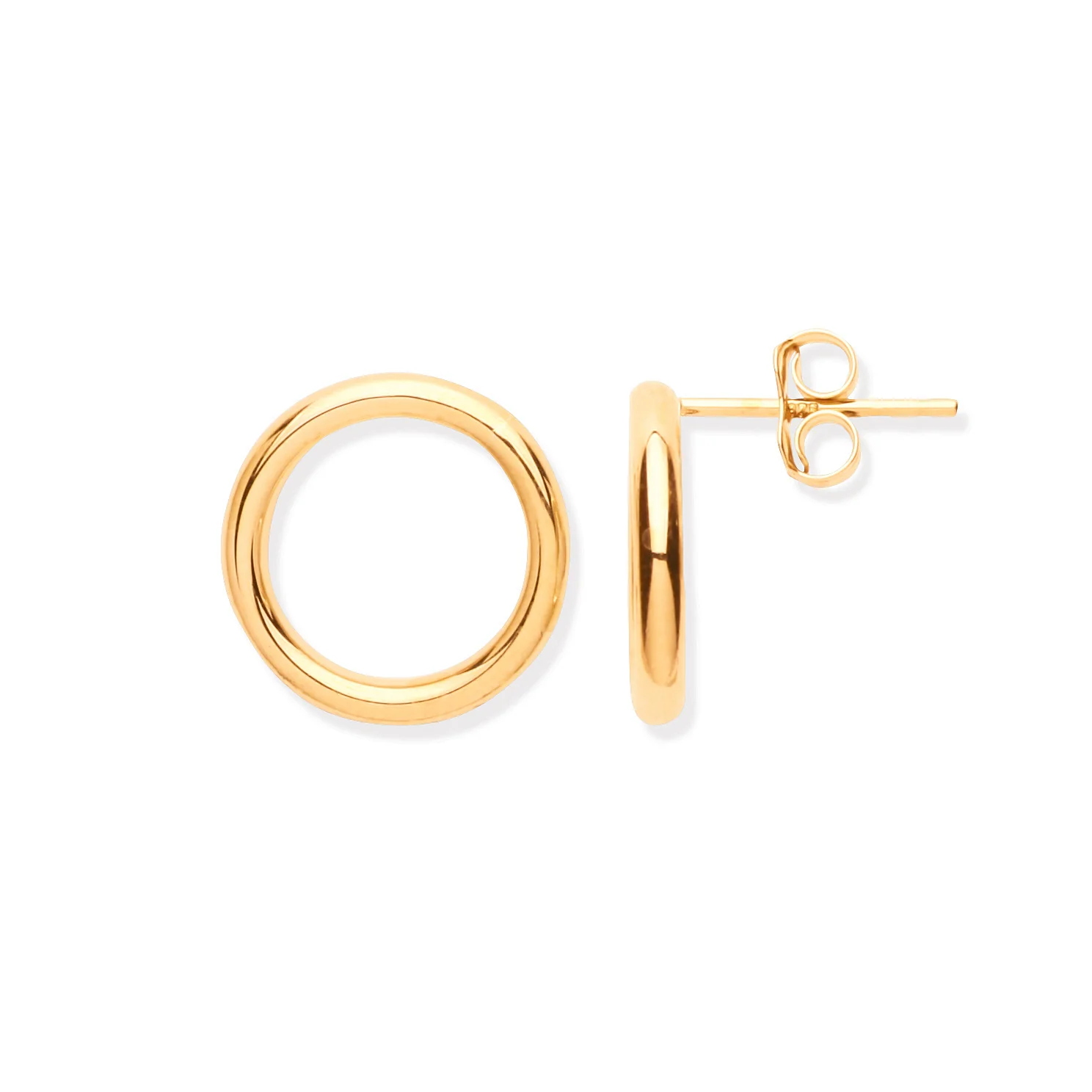Yellow Gold 14mm Open Circle Tube Stud Earrings - 9ct Gold - Image 2
