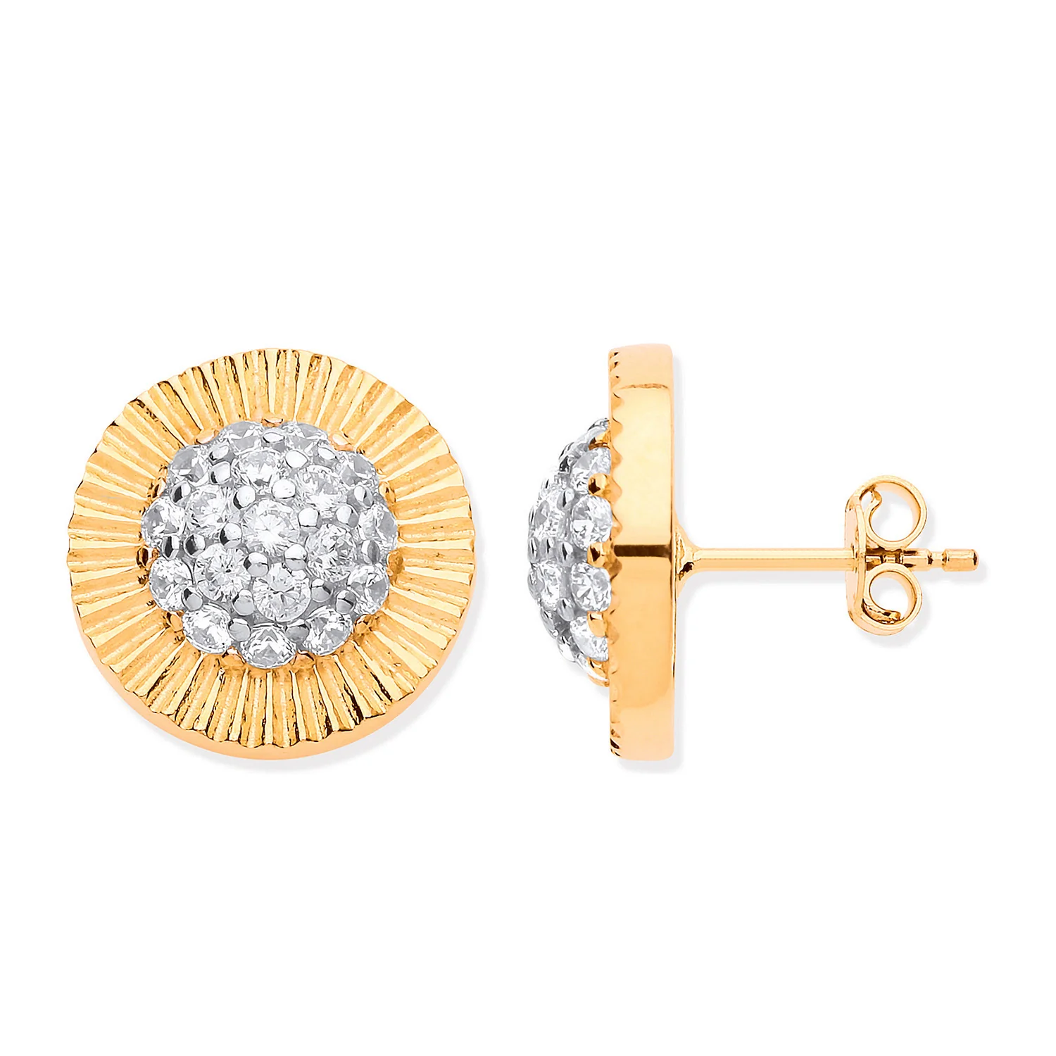 Yellow Gold 15mm Large Round Cubic Zirconia Stud Earrings - 9ct Gold - Image 2